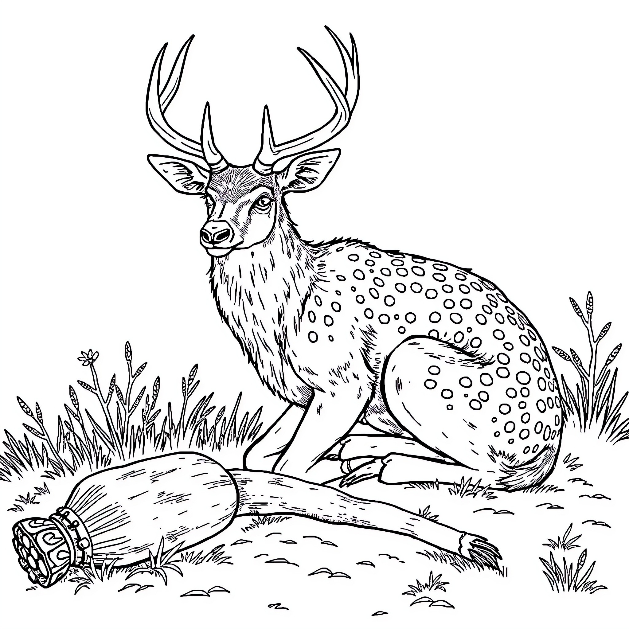 Deer standing in the wilderness Coloring Page (free black-and-white line drawing printable PDF for all, from beginners to advanced learners, including children, teens, adults, and seniors)