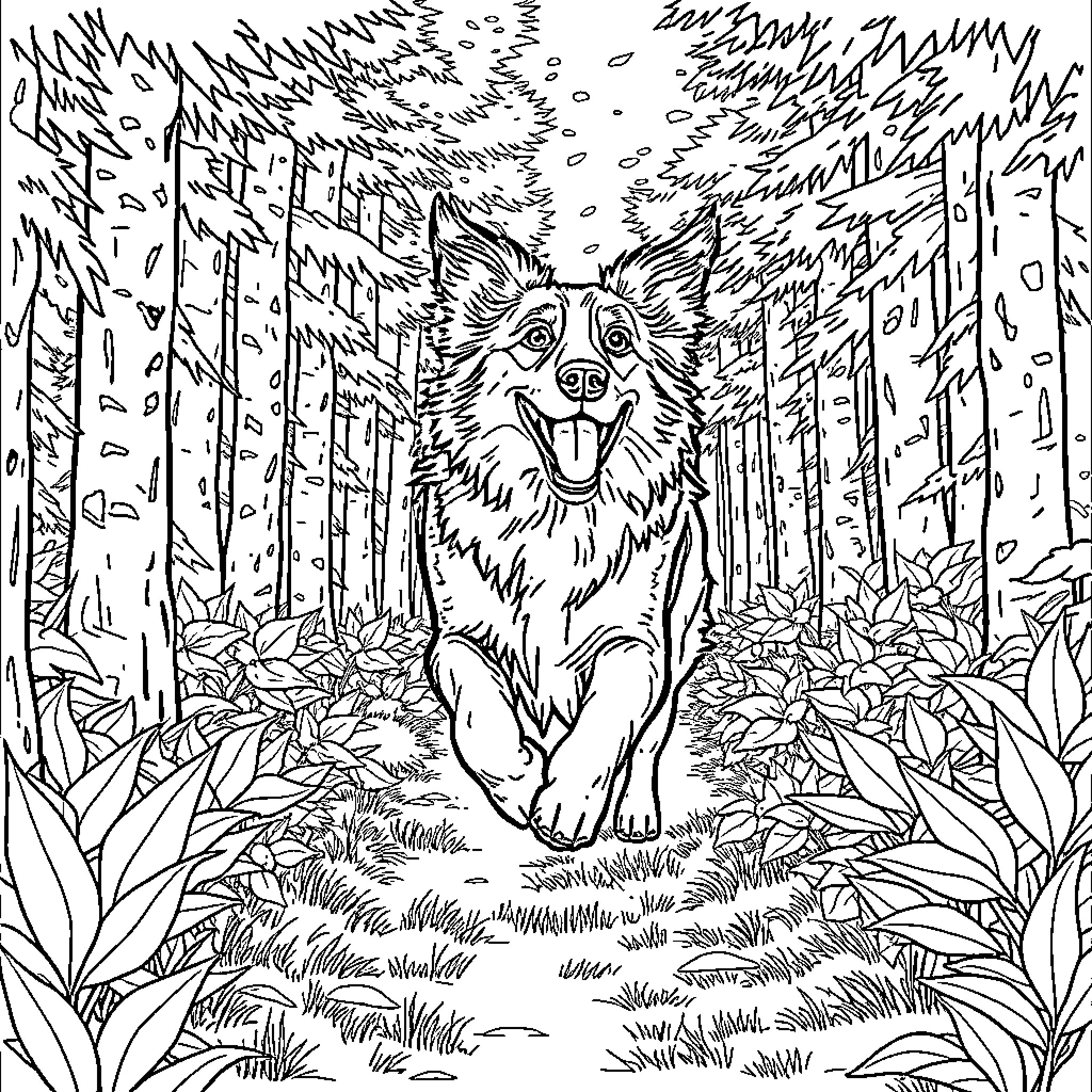 Australian Shepherd playing joyfully in lush forest Coloring Page (free black-and-white line drawing printable PDF for all, from beginners to advanced learners, including children, teens, adults, and seniors)
