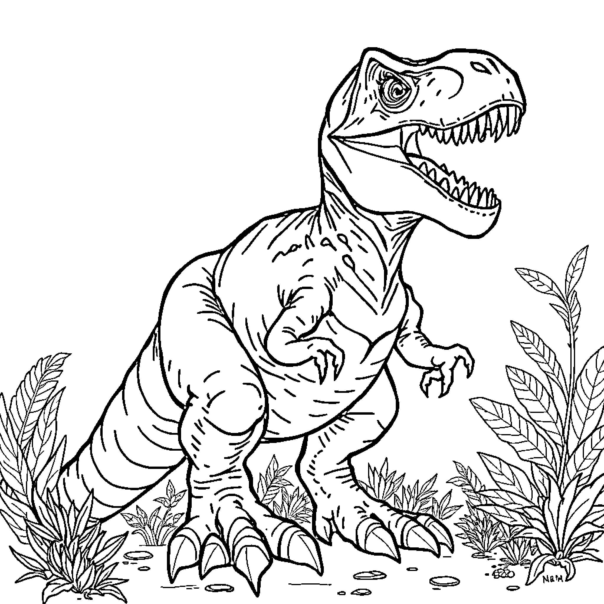 T-Rex Unleashed in Prehistoric Landscape Coloring Page (free black-and-white line drawing printable PDF for all, from beginners to advanced learners, including children, teens, adults, and seniors)