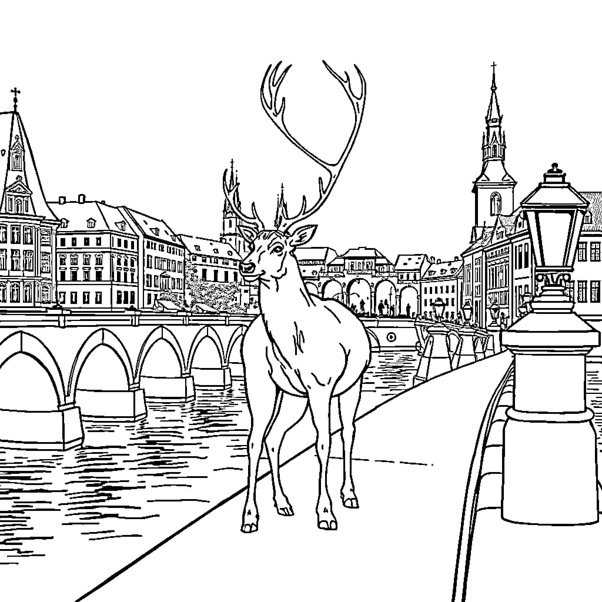 Stag standing in a European city scene Coloring Page (free black-and-white line drawing printable PDF for all, from beginners to advanced learners, including children, teens, adults, and seniors)