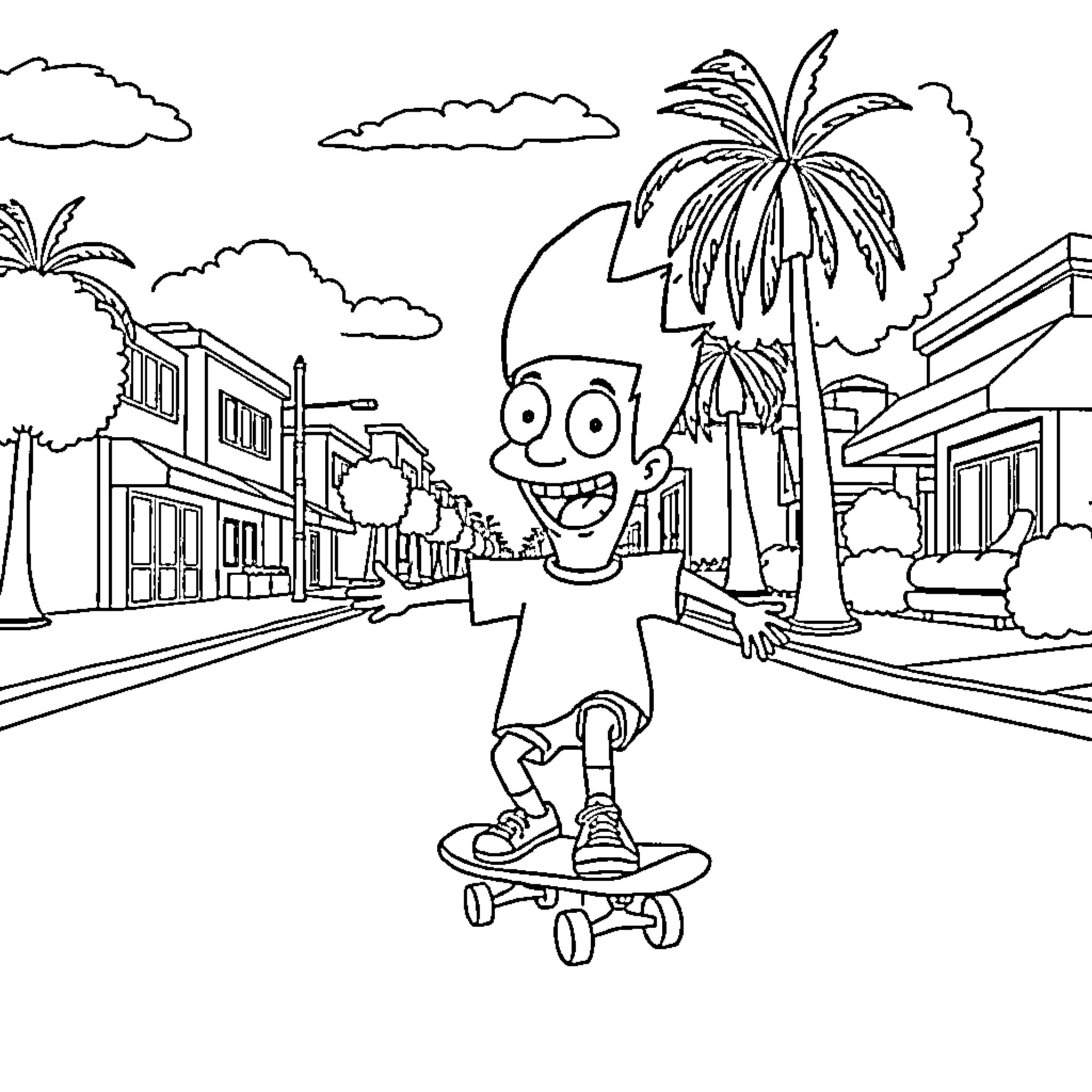 Bob's Tropical Skateboarding Adventure Coloring Page (free black-and-white line drawing printable PDF for all, from beginners to advanced learners, including children, teens, adults, and seniors)