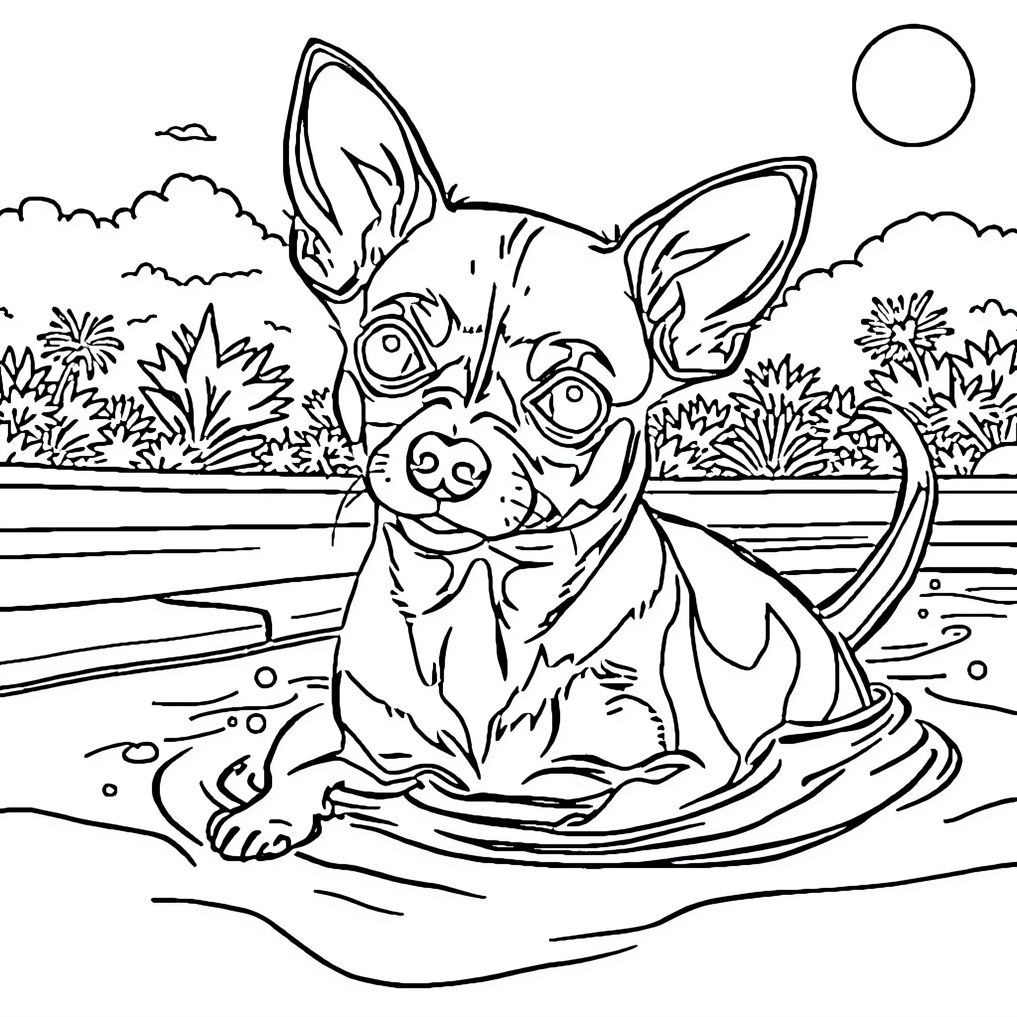 Chihuahua enjoying a sunny day in the park Coloring Page (free black-and-white line drawing printable PDF for all, from beginners to advanced learners, including children, teens, adults, and seniors)