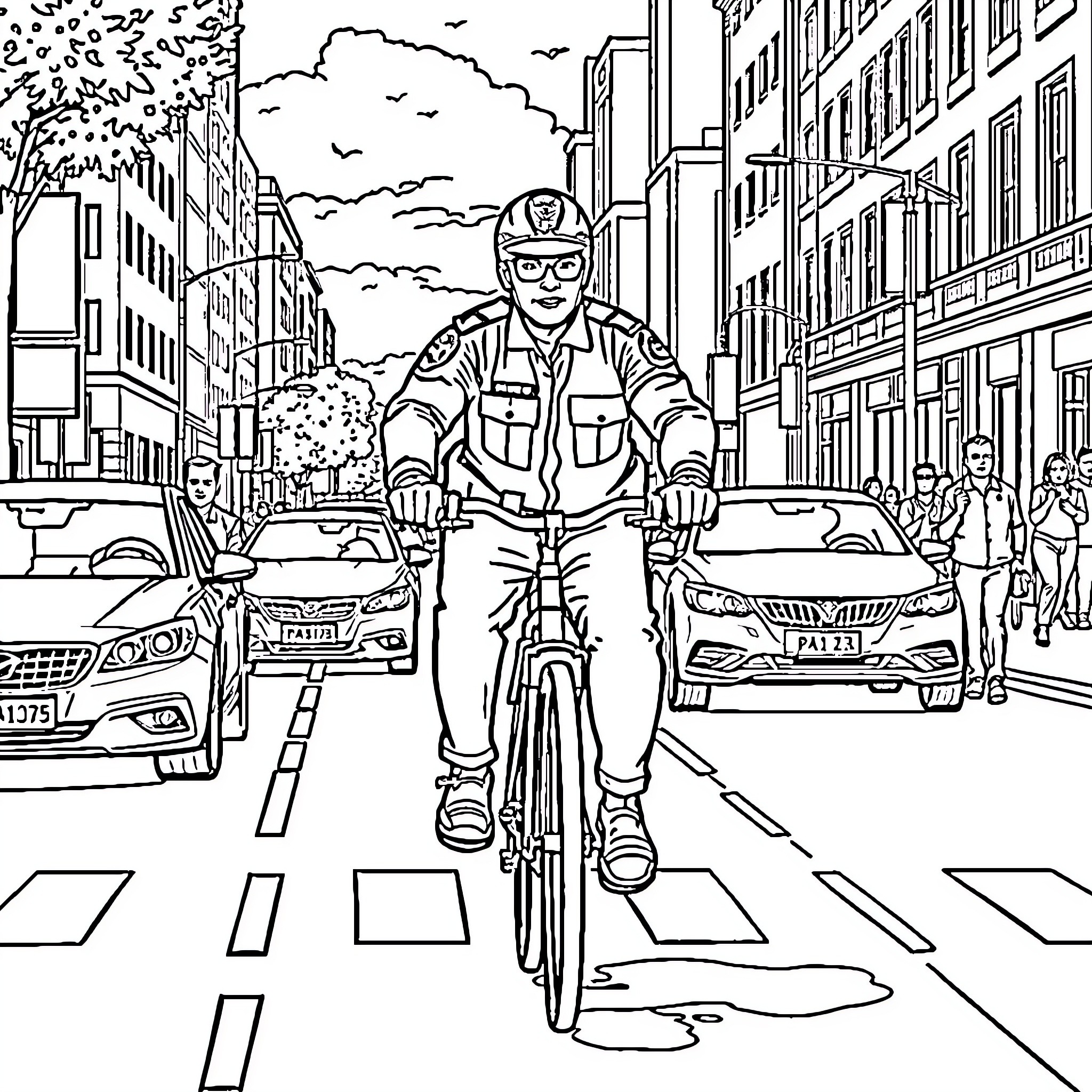 Police Officer Riding Bicycle in Busy City Street Coloring Page (free black-and-white line drawing printable PDF for all, from beginners to advanced learners, including children, teens, adults, and seniors)