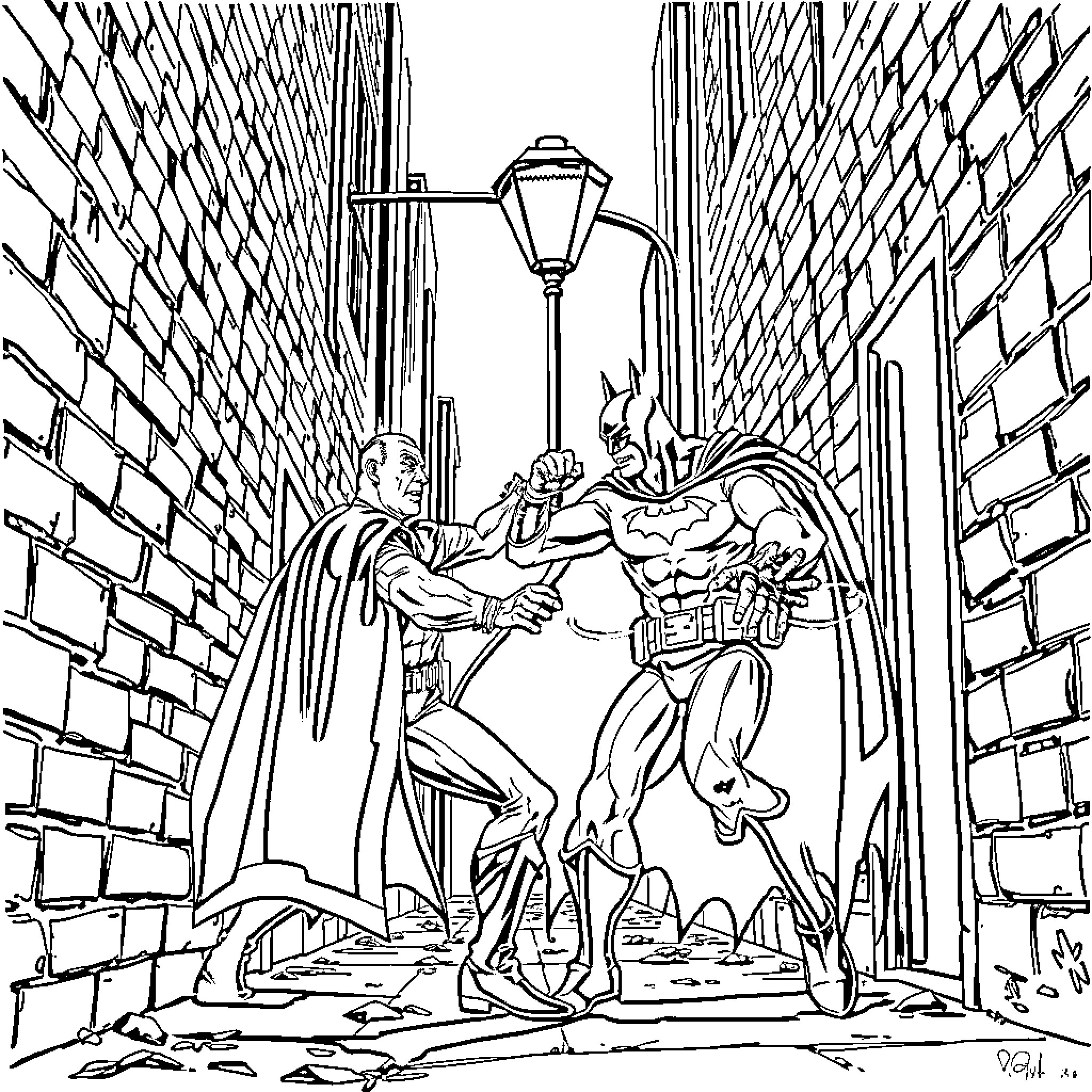 Batman battling villains in a dark alley Coloring Page (free black-and-white line drawing printable PDF for all, from beginners to advanced learners, including children, teens, adults, and seniors)