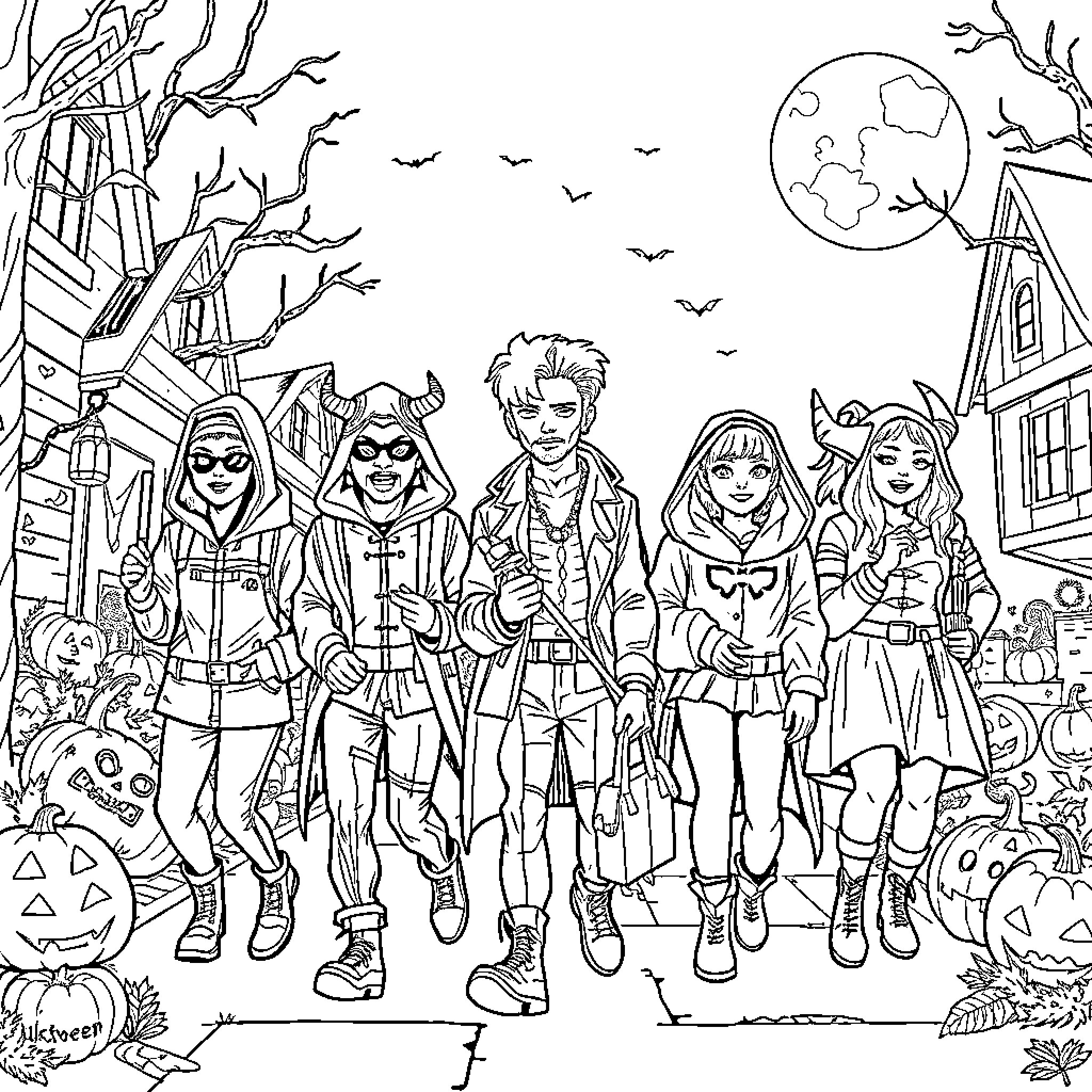 Kpop Demon Hunter Squad on Halloween Adventure Coloring Page (free black-and-white line drawing printable PDF for all, from beginners to advanced learners, including children, teens, adults, and seniors)