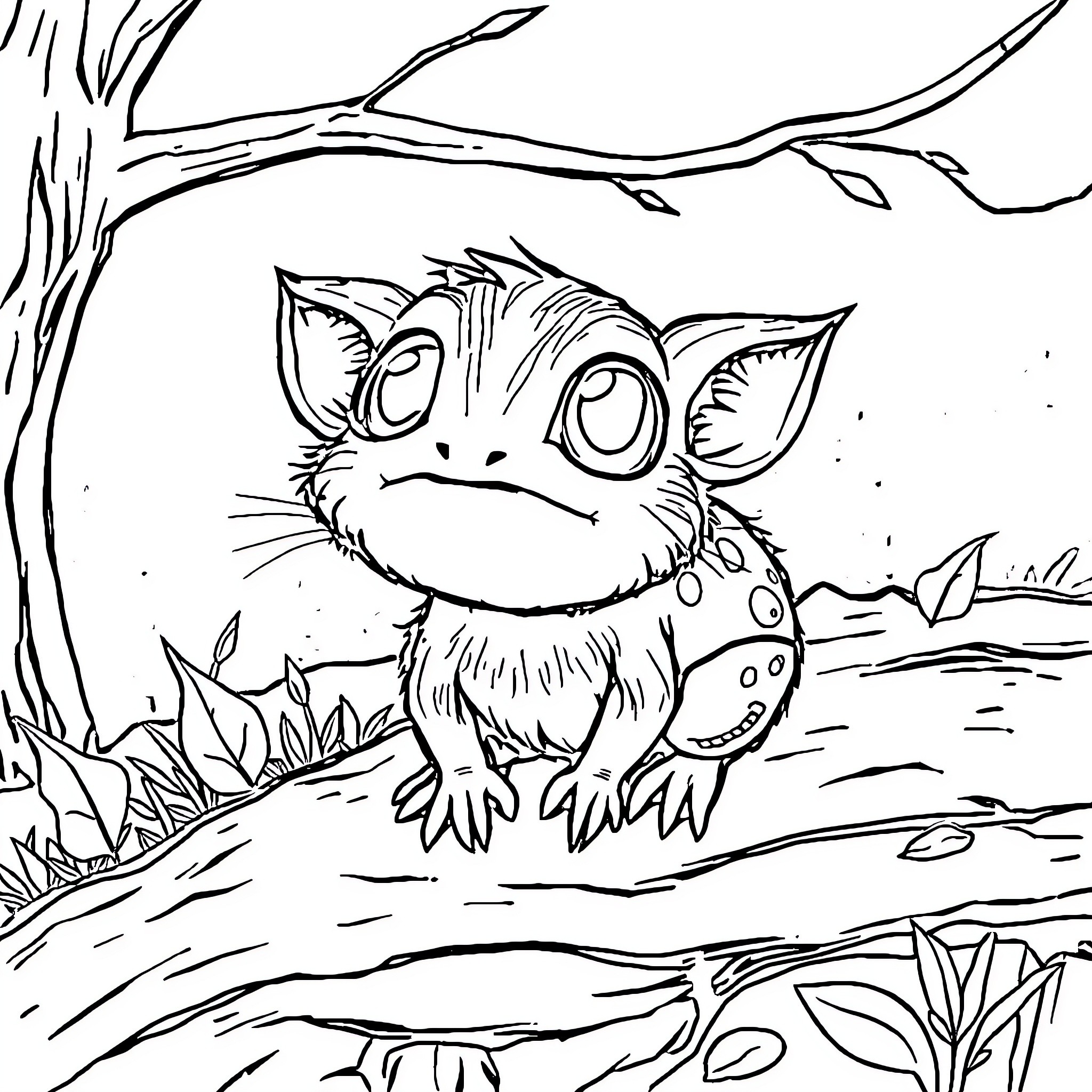 Reptilian Creature in Woodland Habitat Coloring Page (free black-and-white line drawing printable PDF for all, from beginners to advanced learners, including children, teens, adults, and seniors)