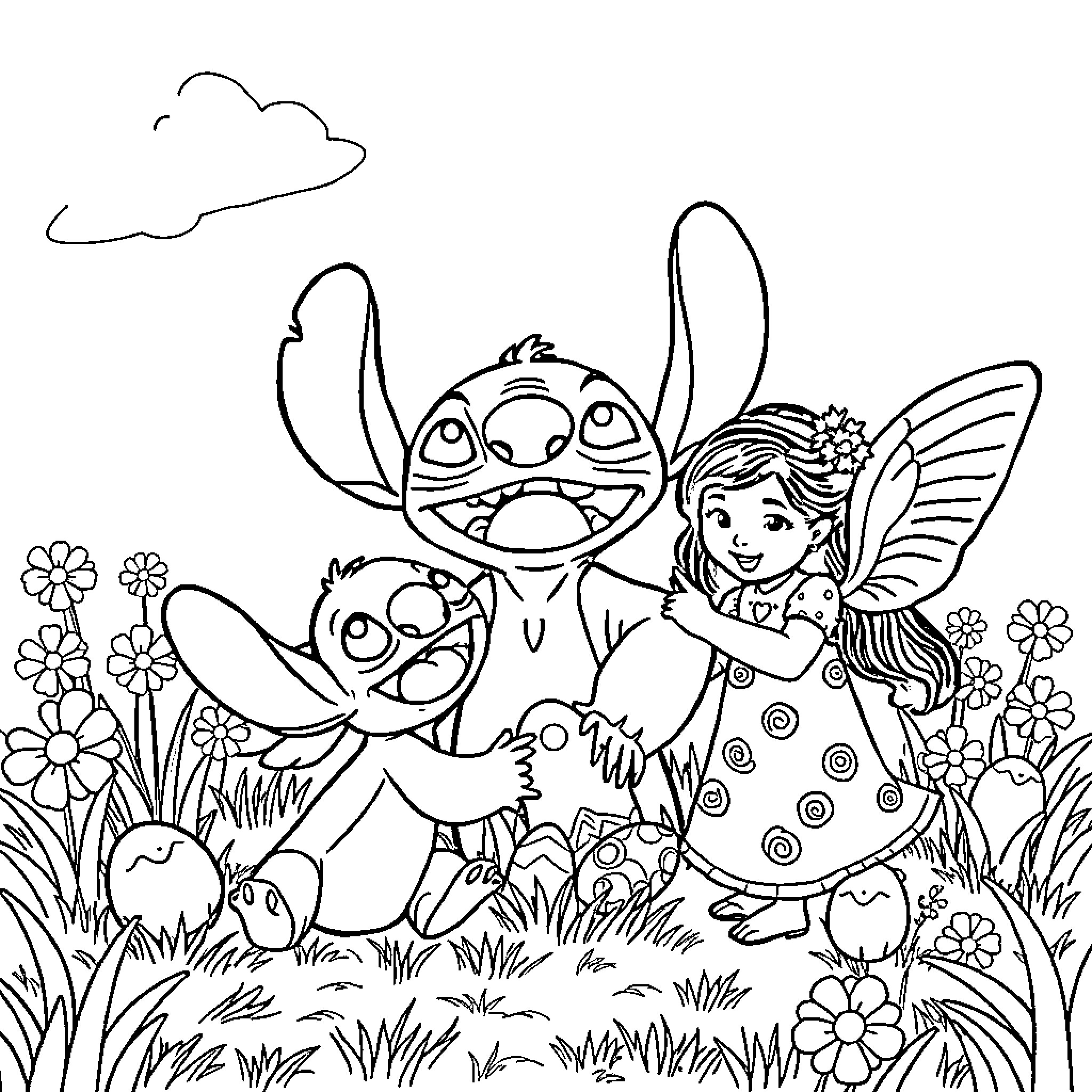 Stitch and Fairy Playing in the Garden Coloring Page (free black-and-white line drawing printable PDF for all, from beginners to advanced learners, including children, teens, adults, and seniors)