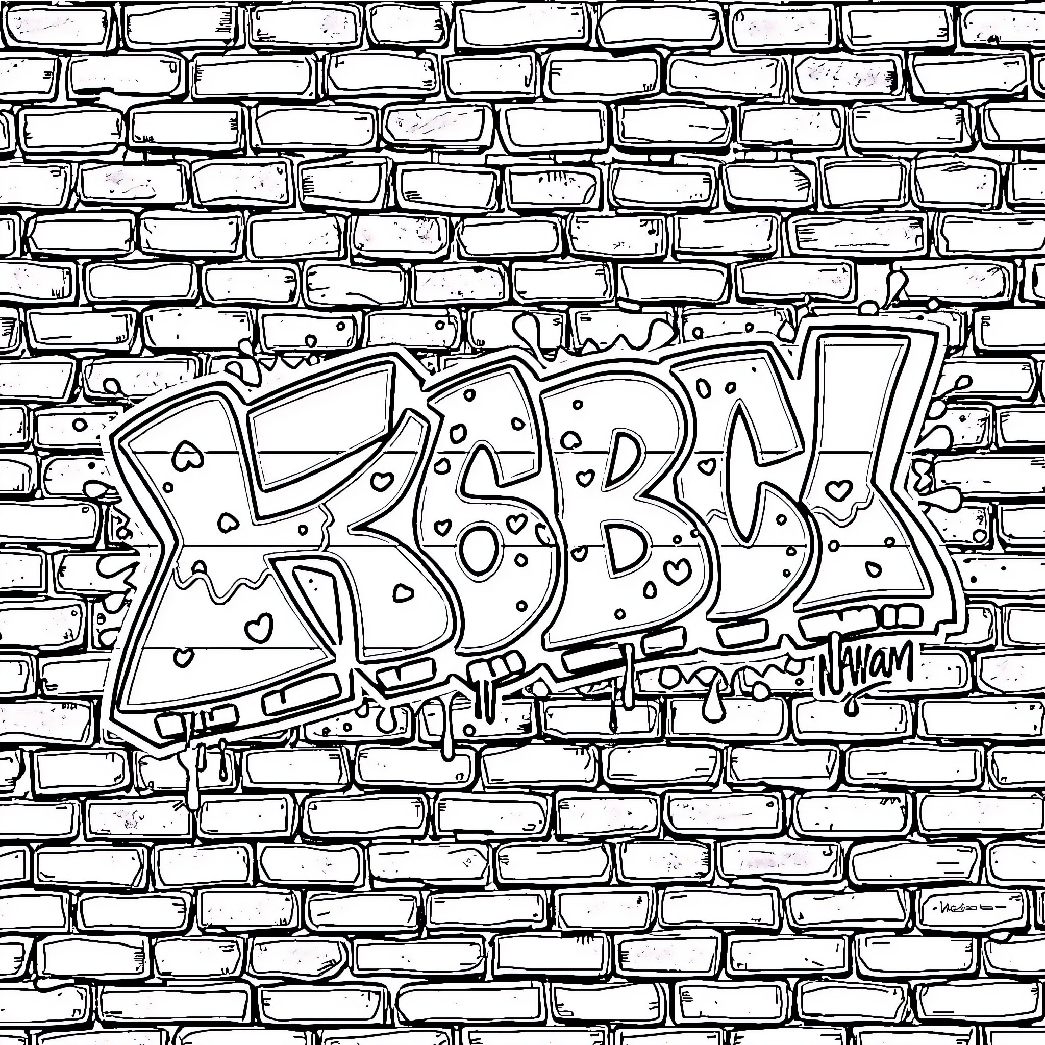 Graffiti artwork on brick wall Coloring Page (free black-and-white line drawing printable PDF for all, from beginners to advanced learners, including children, teens, adults, and seniors)
