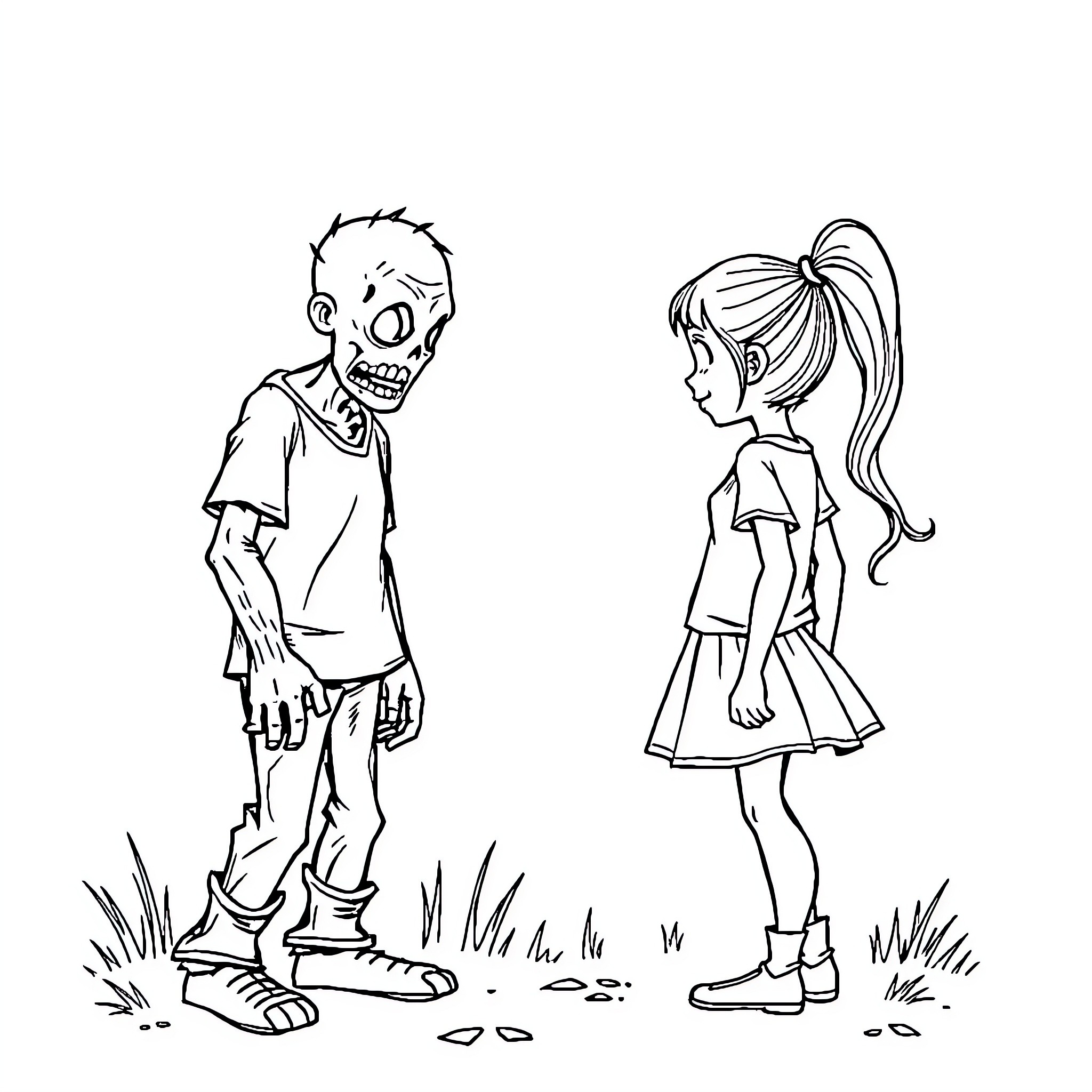 Zombie children playing in the park Coloring Page (free black-and-white line drawing printable PDF for all, from beginners to advanced learners, including children, teens, adults, and seniors)