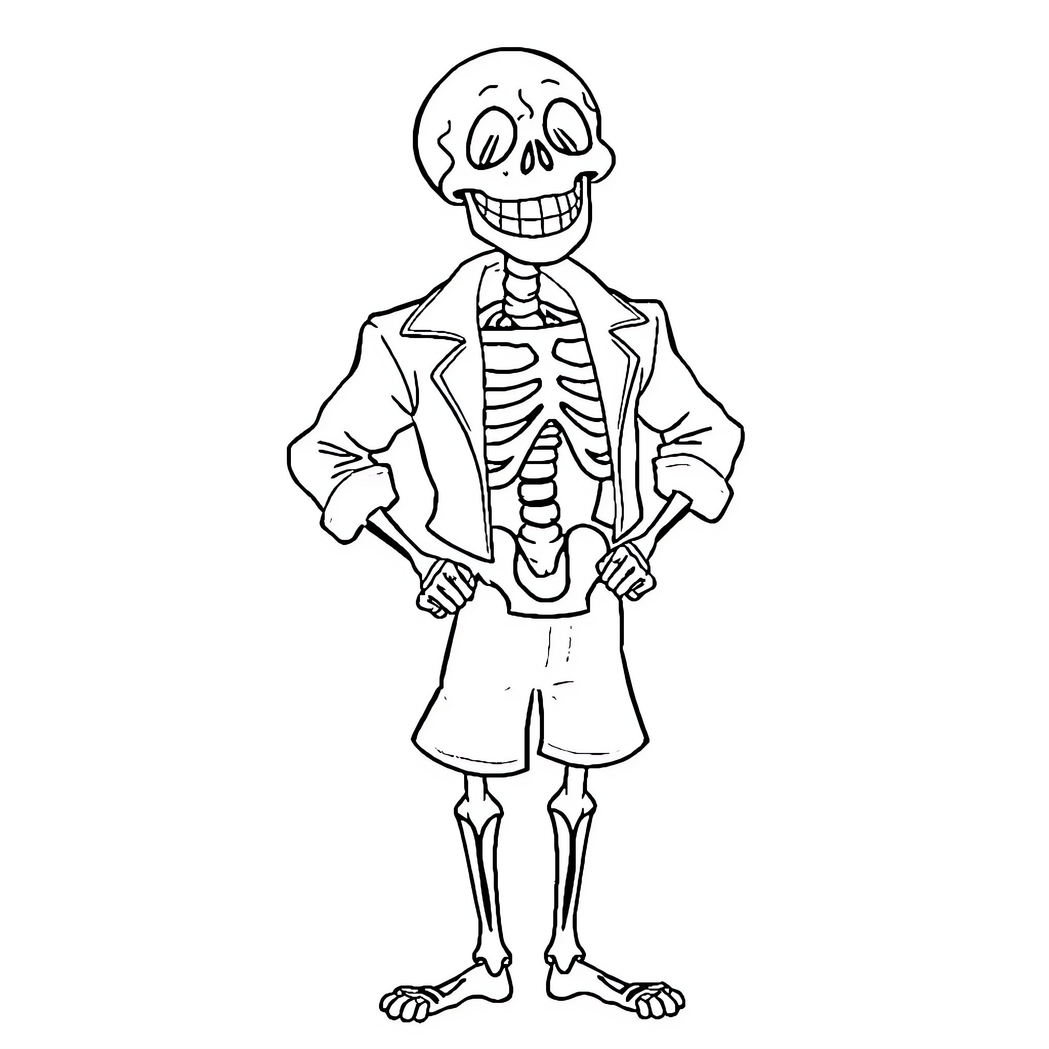 Sans Skeleton in Cheerful Pose Coloring Page (free black-and-white line drawing printable PDF for all, from beginners to advanced learners, including children, teens, adults, and seniors)