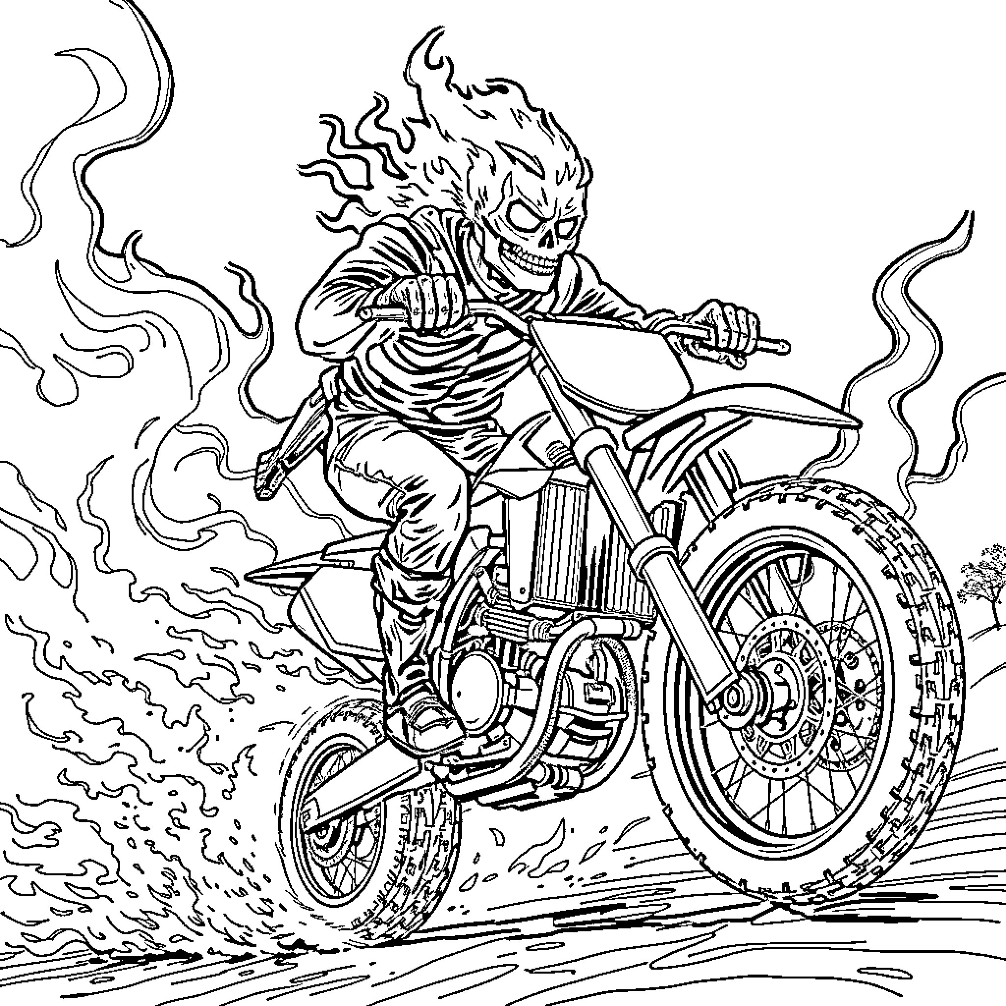 Ghost Rider racing on a flaming motorcycle Coloring Page (free black-and-white line drawing printable PDF for all, from beginners to advanced learners, including children, teens, adults, and seniors)