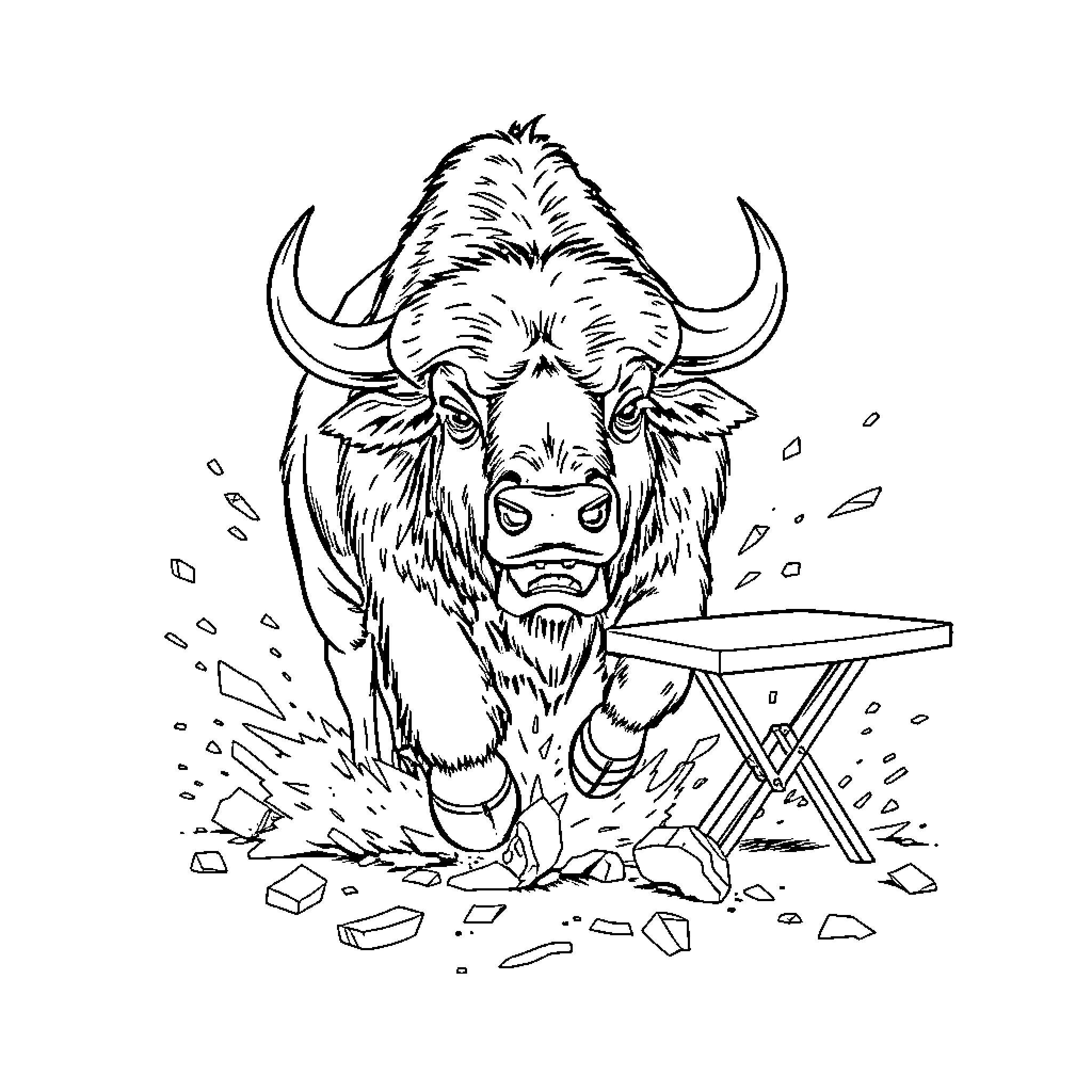Buffalo Smashing Furniture in Anger Coloring Page (free black-and-white line drawing printable PDF for all, from beginners to advanced learners, including children, teens, adults, and seniors)