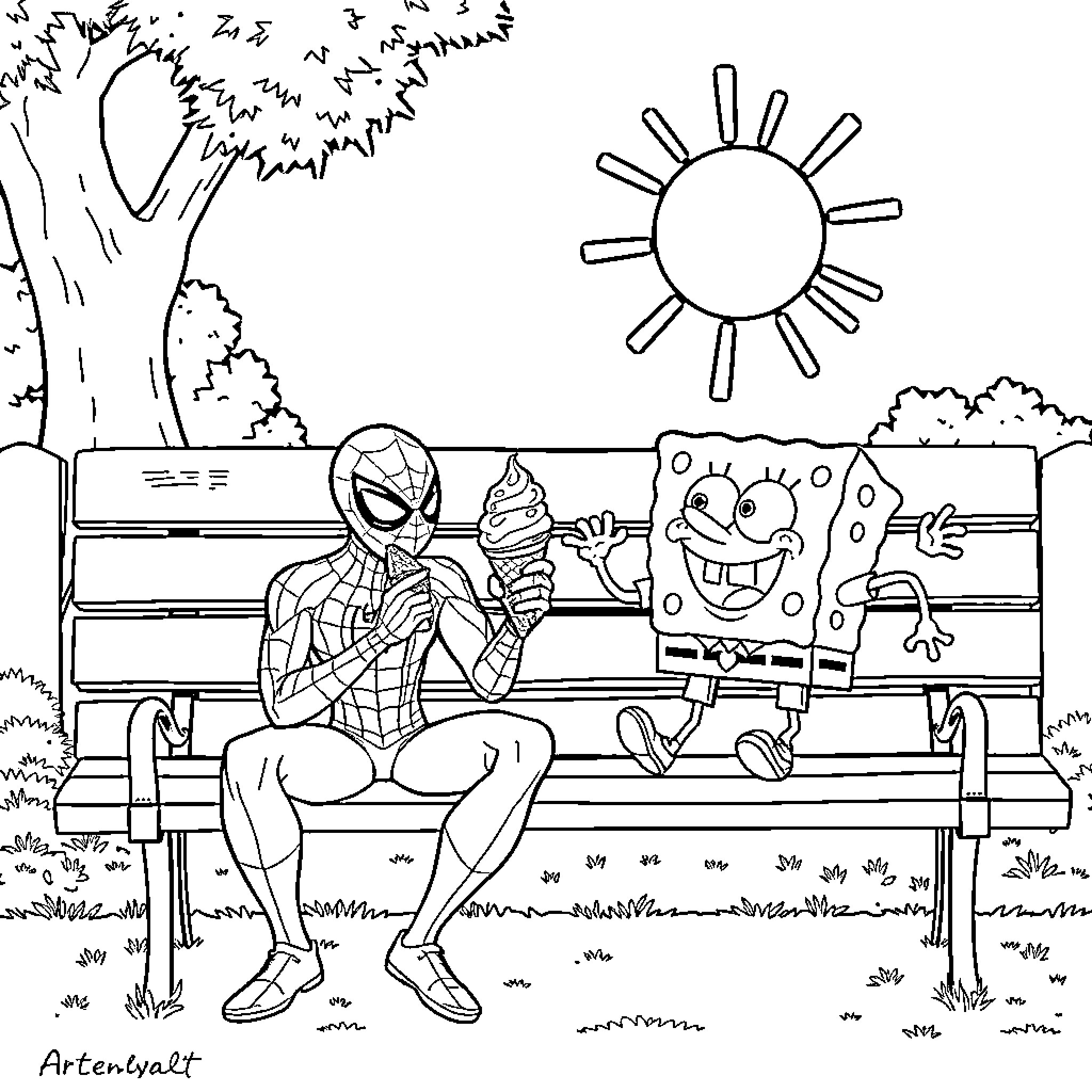Spiderman relaxing with SpongeBob on a park bench Coloring Page (free black-and-white line drawing printable PDF for all, from beginners to advanced learners, including children, teens, adults, and seniors)