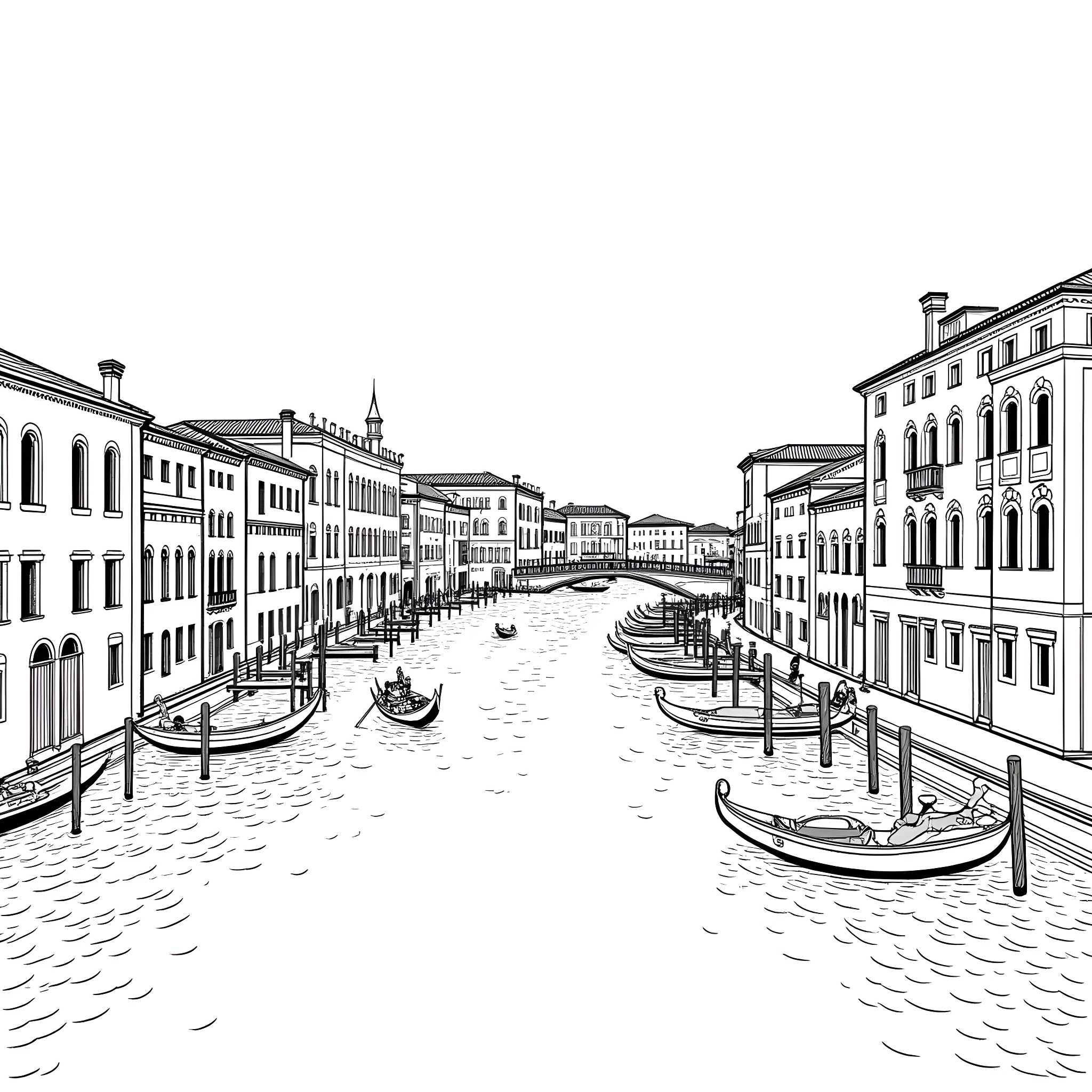 Venice Gondolas Sailing Along the Historic Canals Coloring Page (free black-and-white line drawing printable PDF for all, from beginners to advanced learners, including children, teens, adults, and seniors)