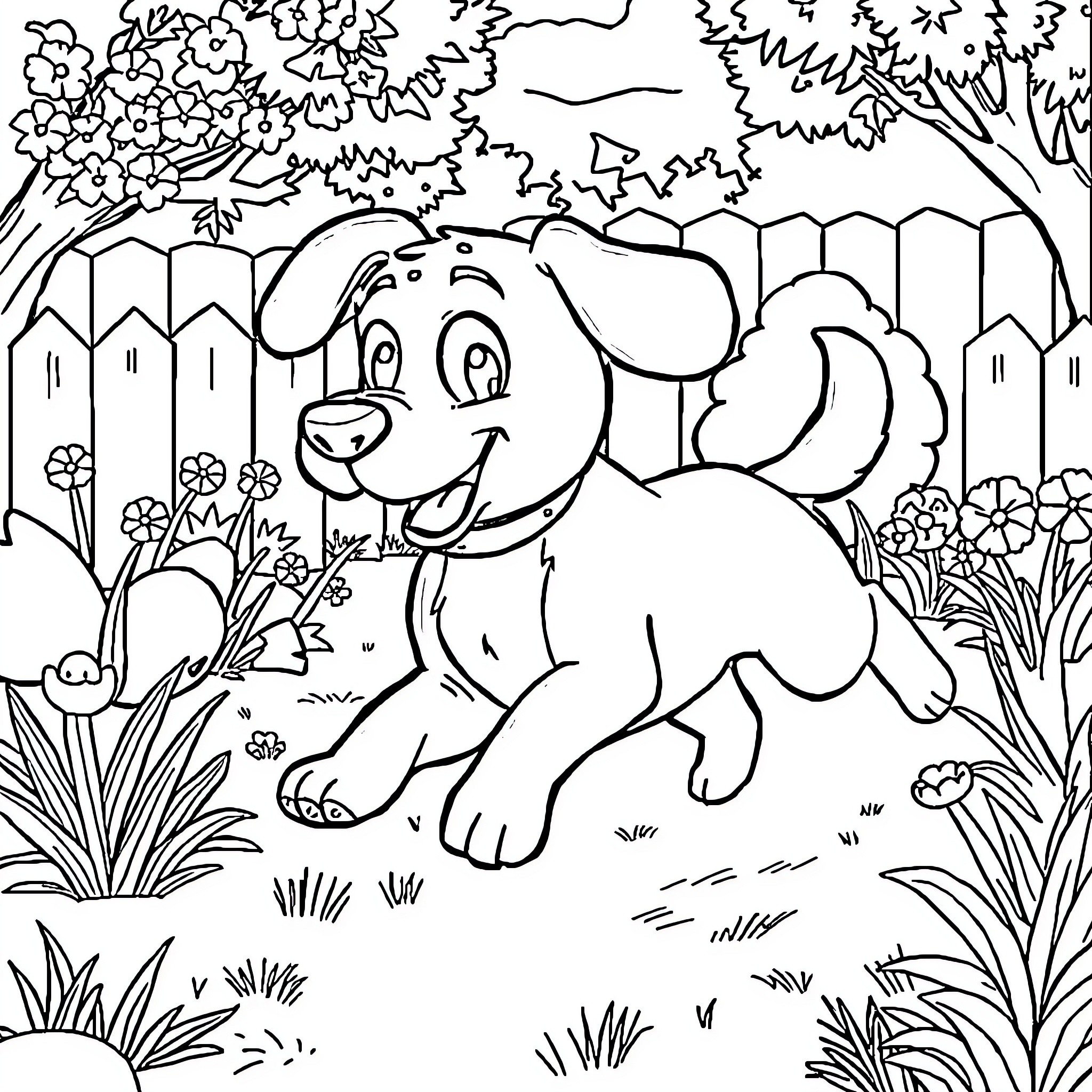 Bluey playing joyfully in the garden Coloring Page (free black-and-white line drawing printable PDF for all, from beginners to advanced learners, including children, teens, adults, and seniors)