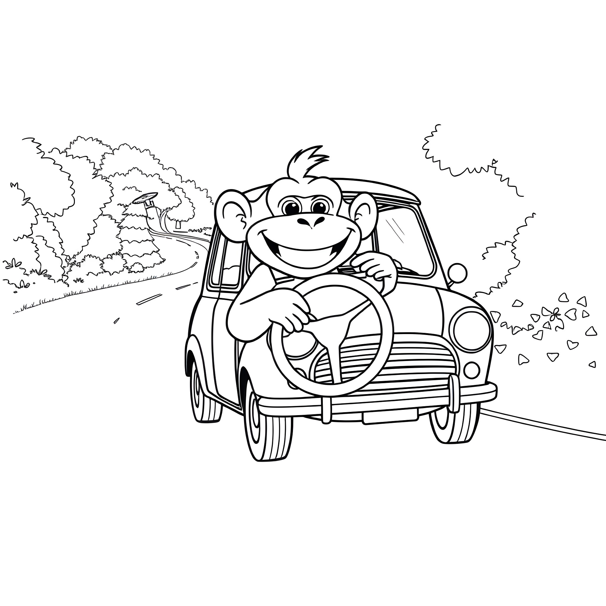 Monkey driving a car through the countryside Coloring Page (free black-and-white line drawing printable PDF for all, from beginners to advanced learners, including children, teens, adults, and seniors)
