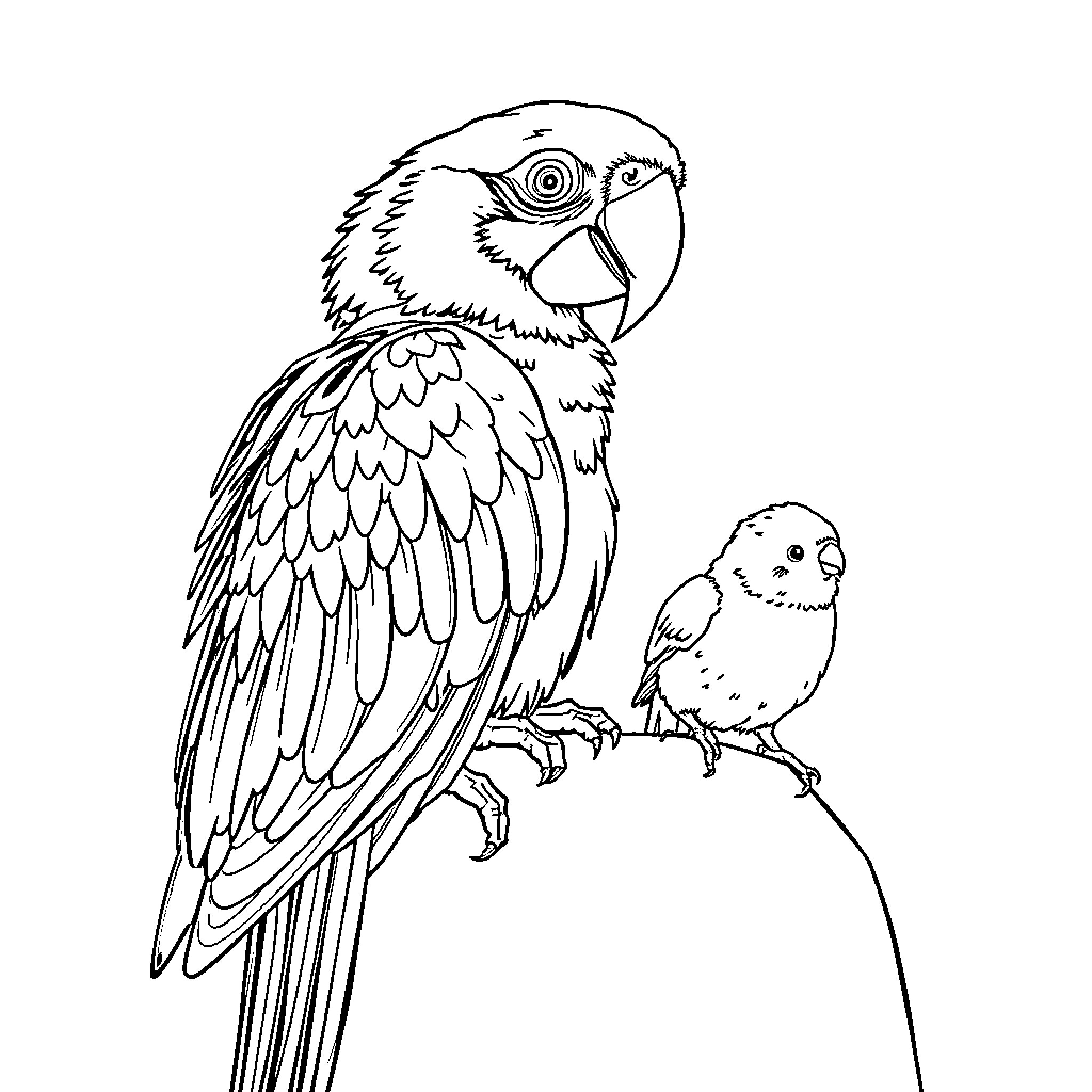 Parrot perched on branch with baby bird Coloring Page (free black-and-white line drawing printable PDF for all, from beginners to advanced learners, including children, teens, adults, and seniors)