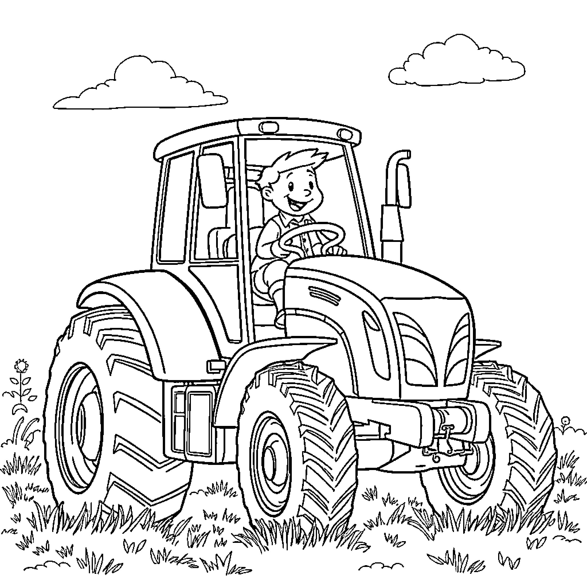 Tractor driver operating farm equipment in field Coloring Page (free black-and-white line drawing printable PDF for all, from beginners to advanced learners, including children, teens, adults, and seniors)