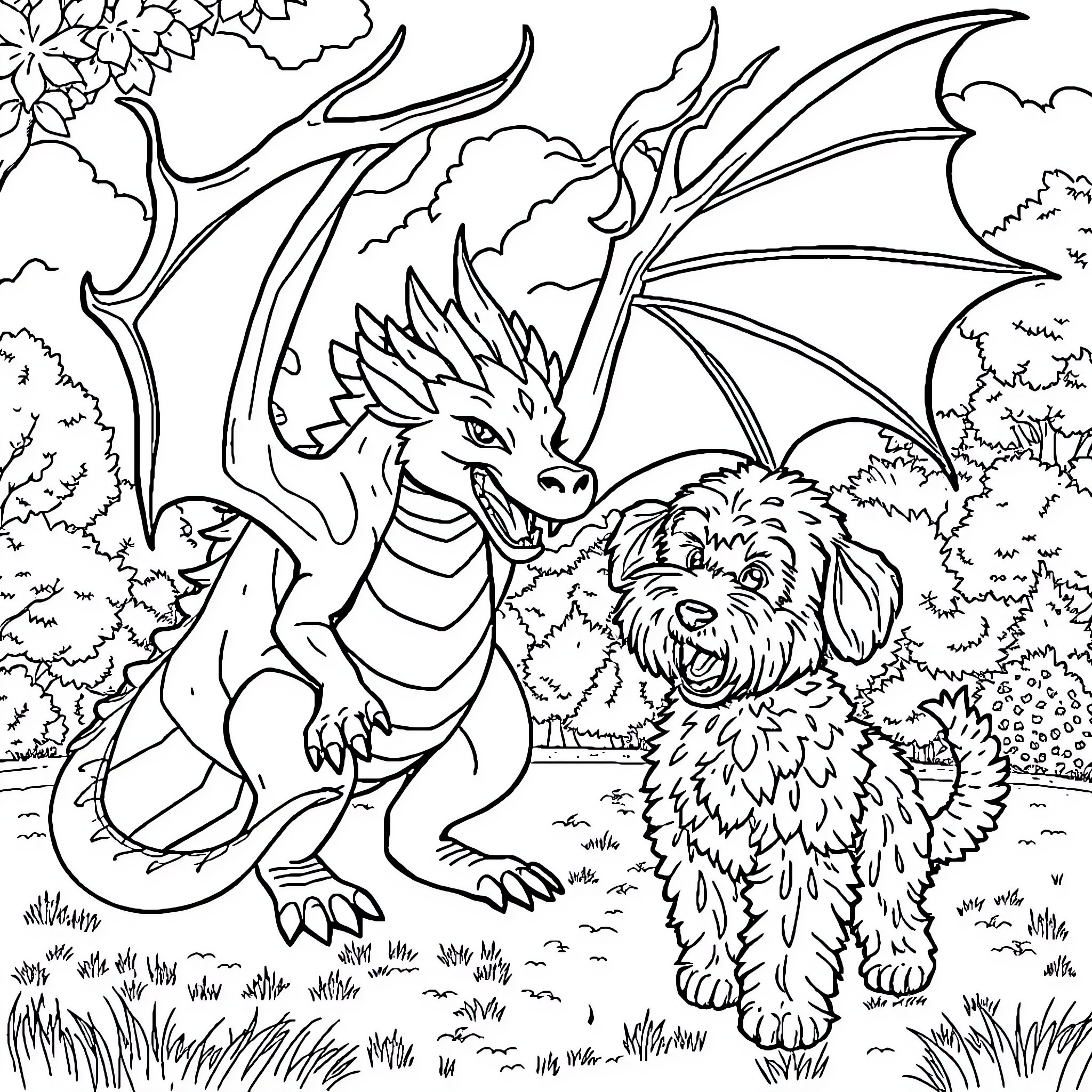 Wing-Adorned Fantasy Creature and Furry Companion Coloring Page (free black-and-white line drawing printable PDF for all, from beginners to advanced learners, including children, teens, adults, and seniors)