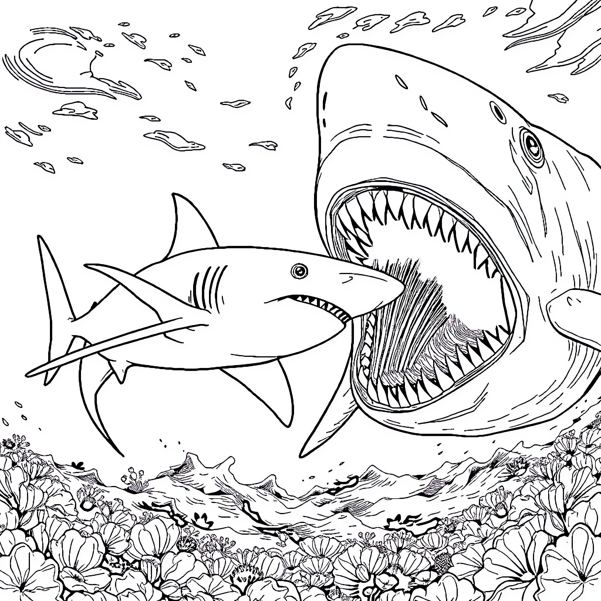 Hammerhead shark hunting in the deep sea Coloring Page (free black-and-white line drawing printable PDF for all, from beginners to advanced learners, including children, teens, adults, and seniors)