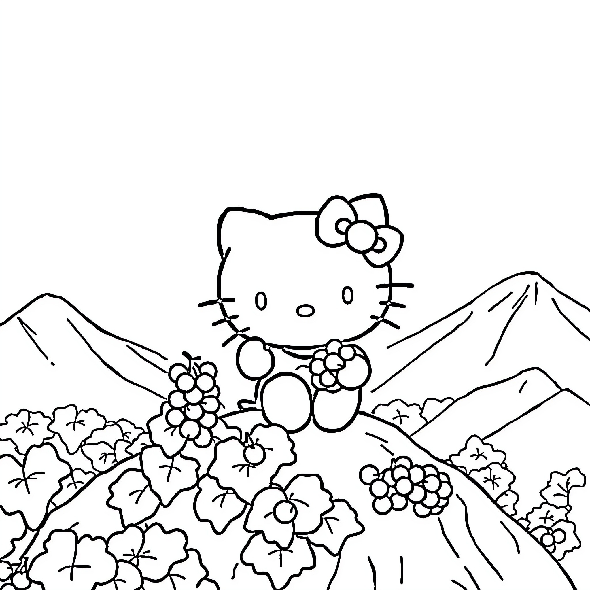 Hello Kitty enjoying nature's beauty Coloring Page (free black-and-white line drawing printable PDF for all, from beginners to advanced learners, including children, teens, adults, and seniors)