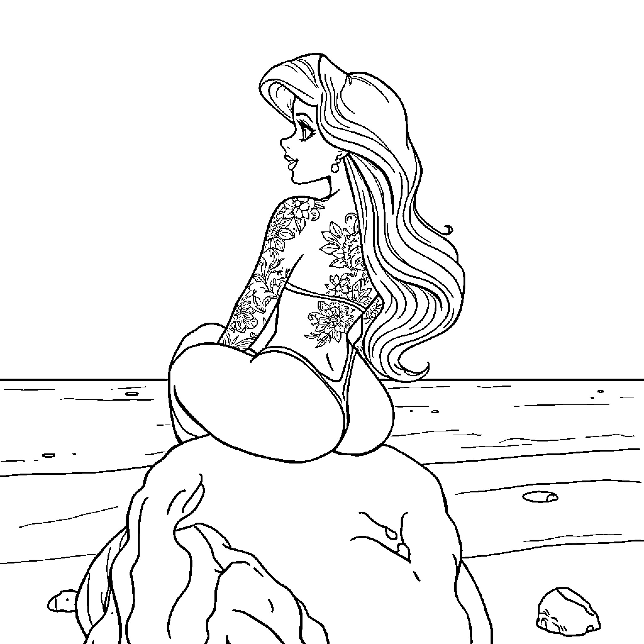 Ariel admiring the underwater scenery Coloring Page (free black-and-white line drawing printable PDF for all, from beginners to advanced learners, including children, teens, adults, and seniors)