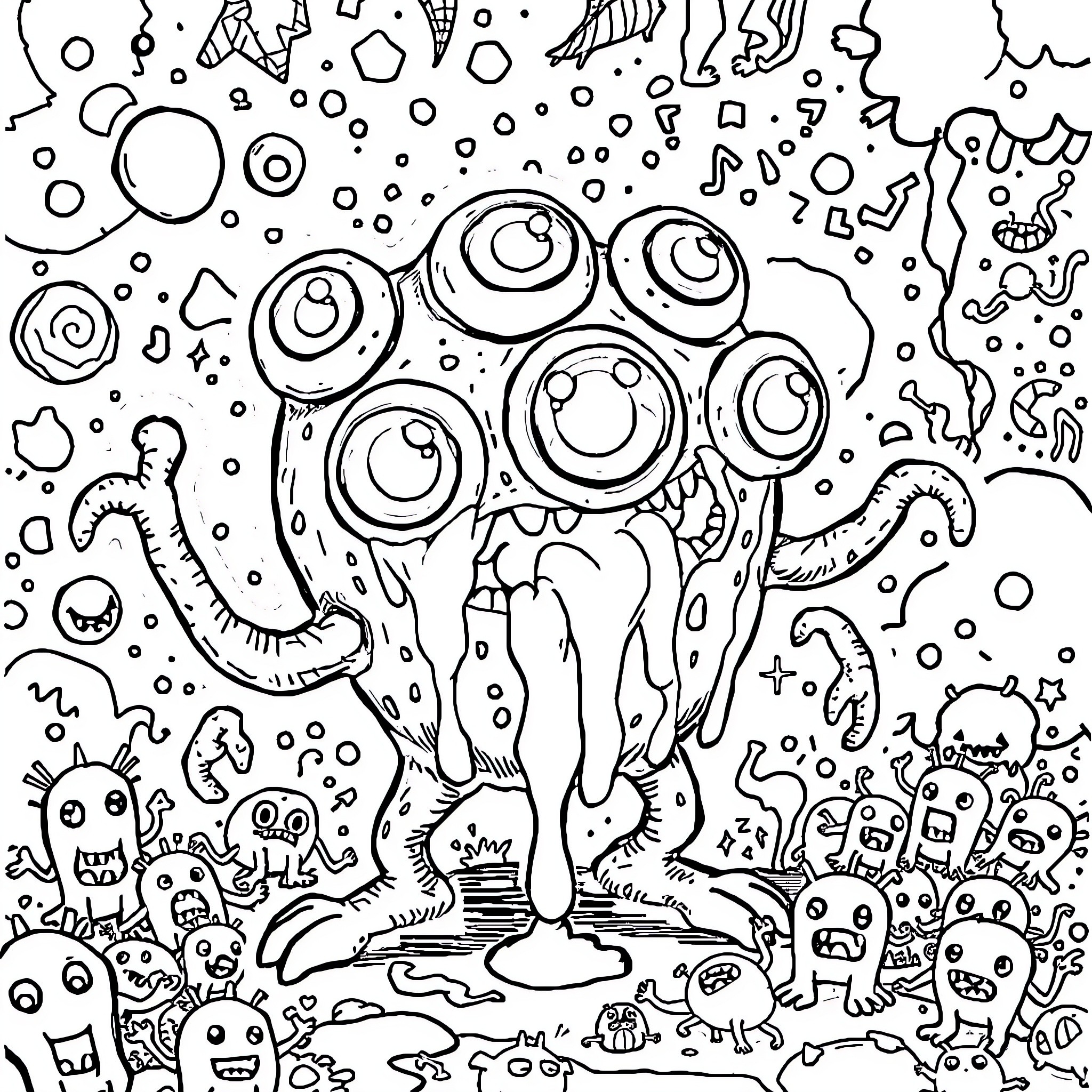 Monster Horde of Whimsical Creatures in Chaos Coloring Page (free black-and-white line drawing printable PDF for all, from beginners to advanced learners, including children, teens, adults, and seniors)