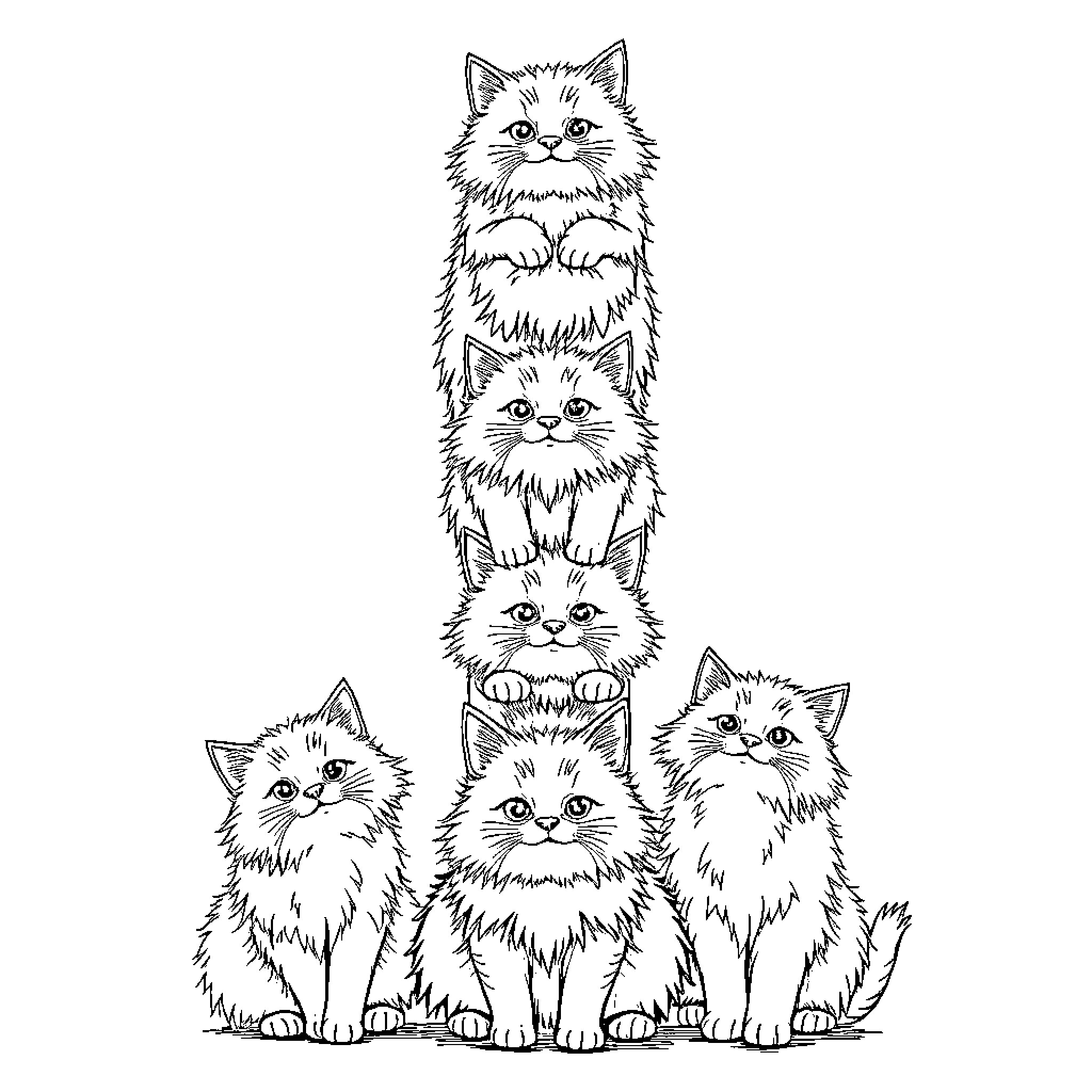 Cat Kittens Sitting in a Row Coloring Page (free black-and-white line drawing printable PDF for all, from beginners to advanced learners, including children, teens, adults, and seniors)