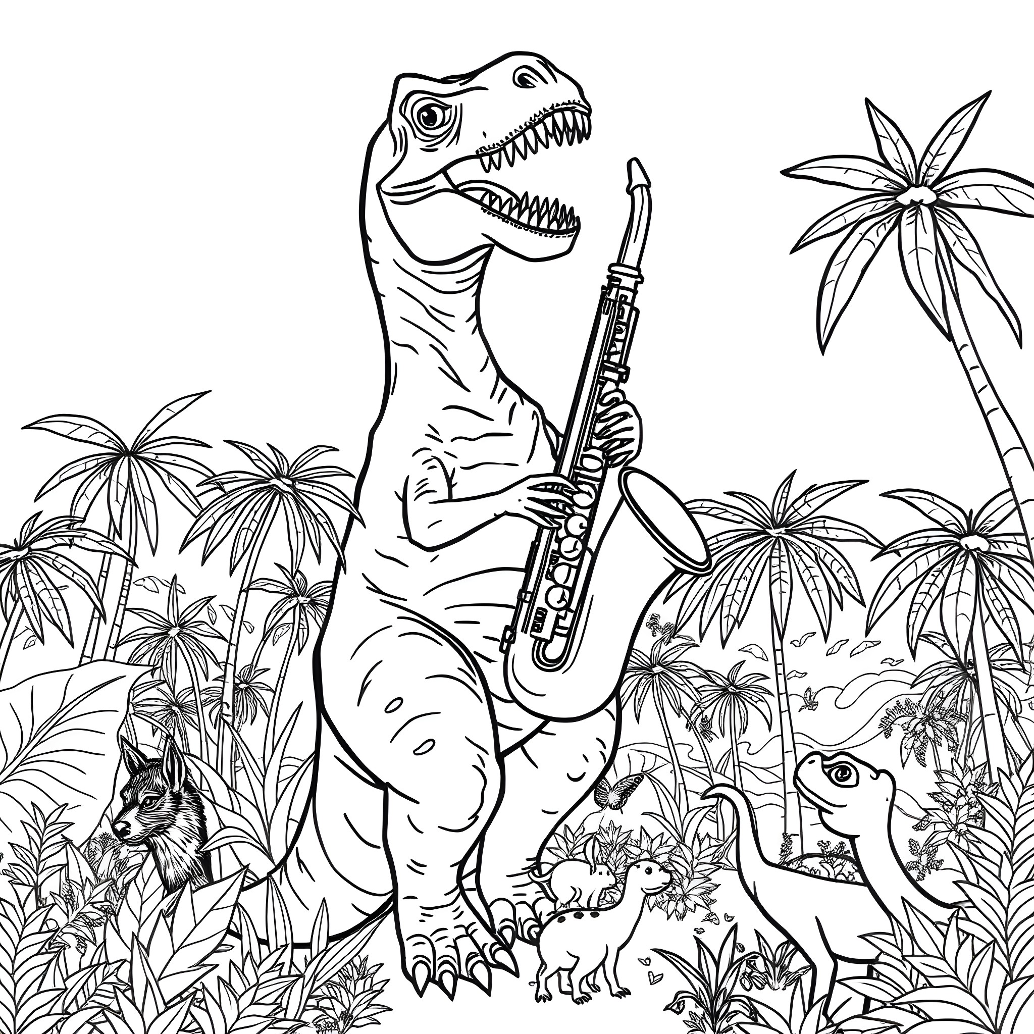 T-Rex playing the saxophone in a tropical jungle Coloring Page (free black-and-white line drawing printable PDF for all, from beginners to advanced learners, including children, teens, adults, and seniors)