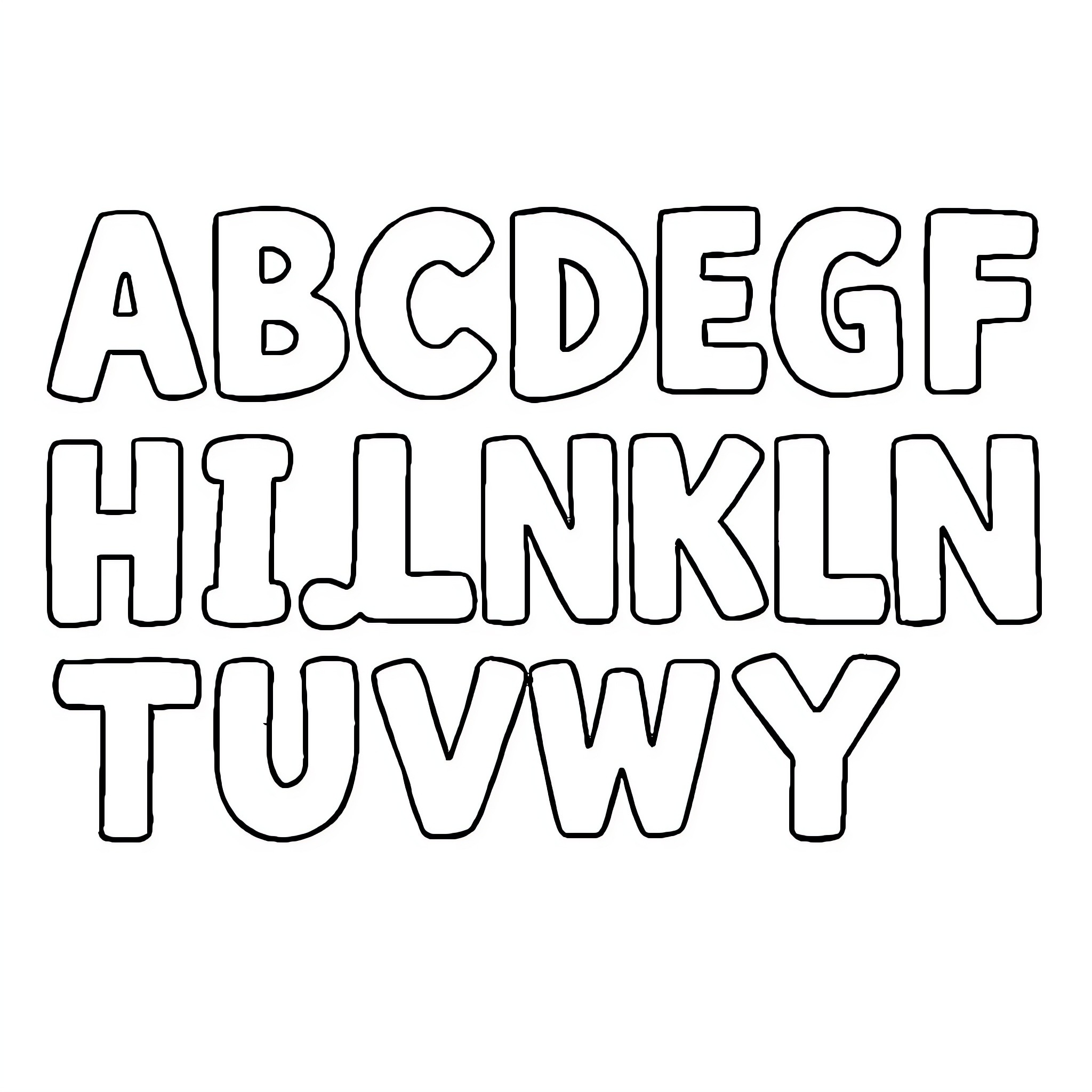 Alphabet letters in simple outlines Coloring Page (free black-and-white line drawing printable PDF for all, from beginners to advanced learners, including children, teens, adults, and seniors)