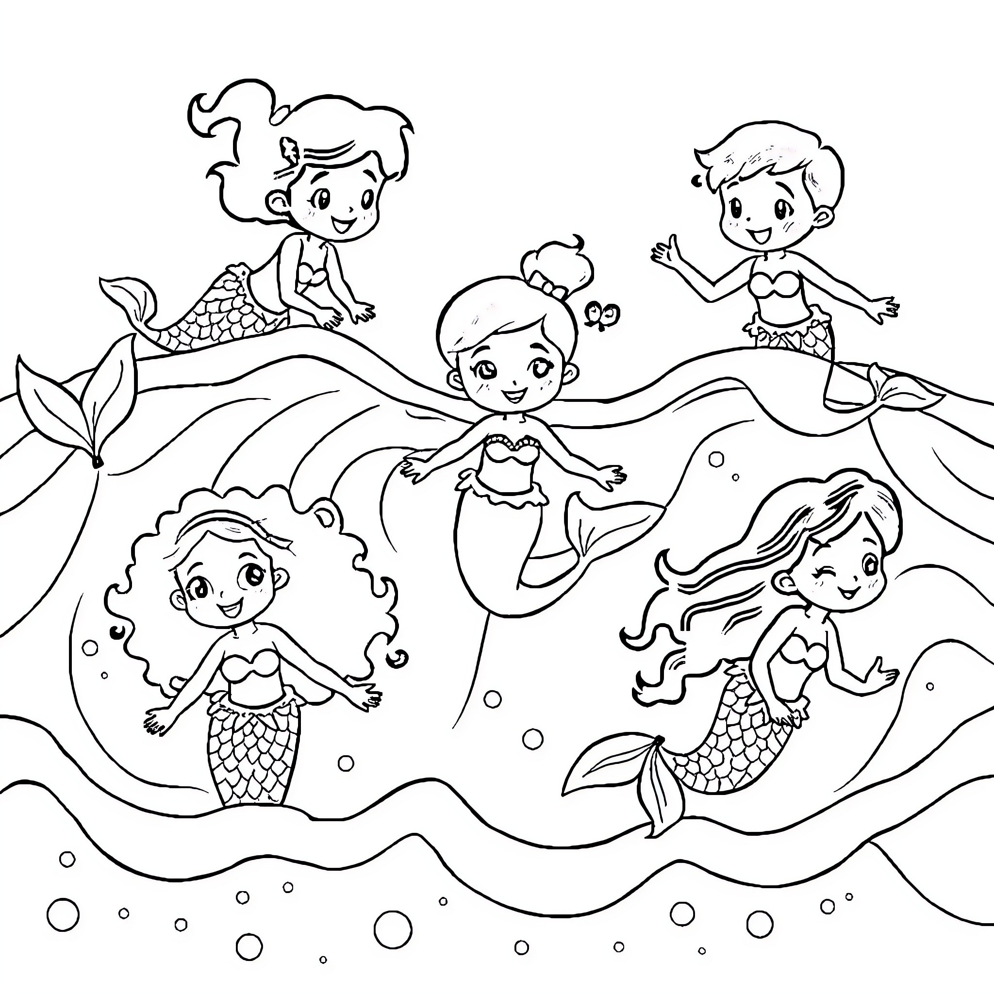 Mermaid friends playing together in the ocean Coloring Page (free black-and-white line drawing printable PDF for all, from beginners to advanced learners, including children, teens, adults, and seniors)