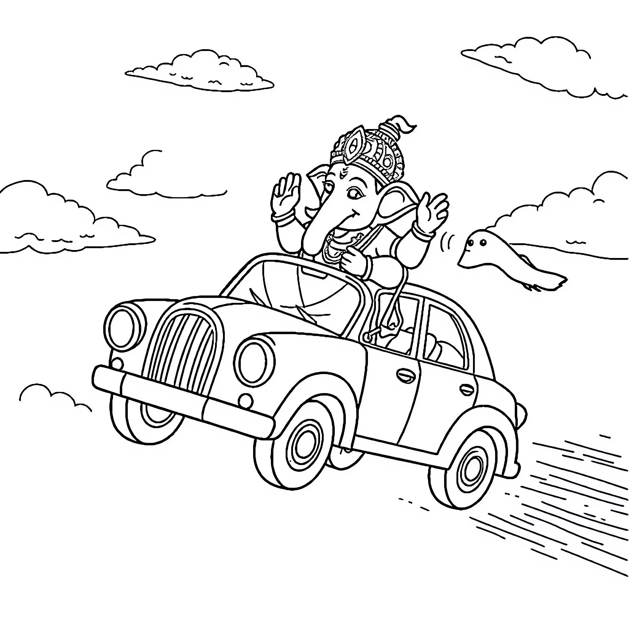 Ganpati riding a colorful car with a dog Coloring Page (free black-and-white line drawing printable PDF for all, from beginners to advanced learners, including children, teens, adults, and seniors)