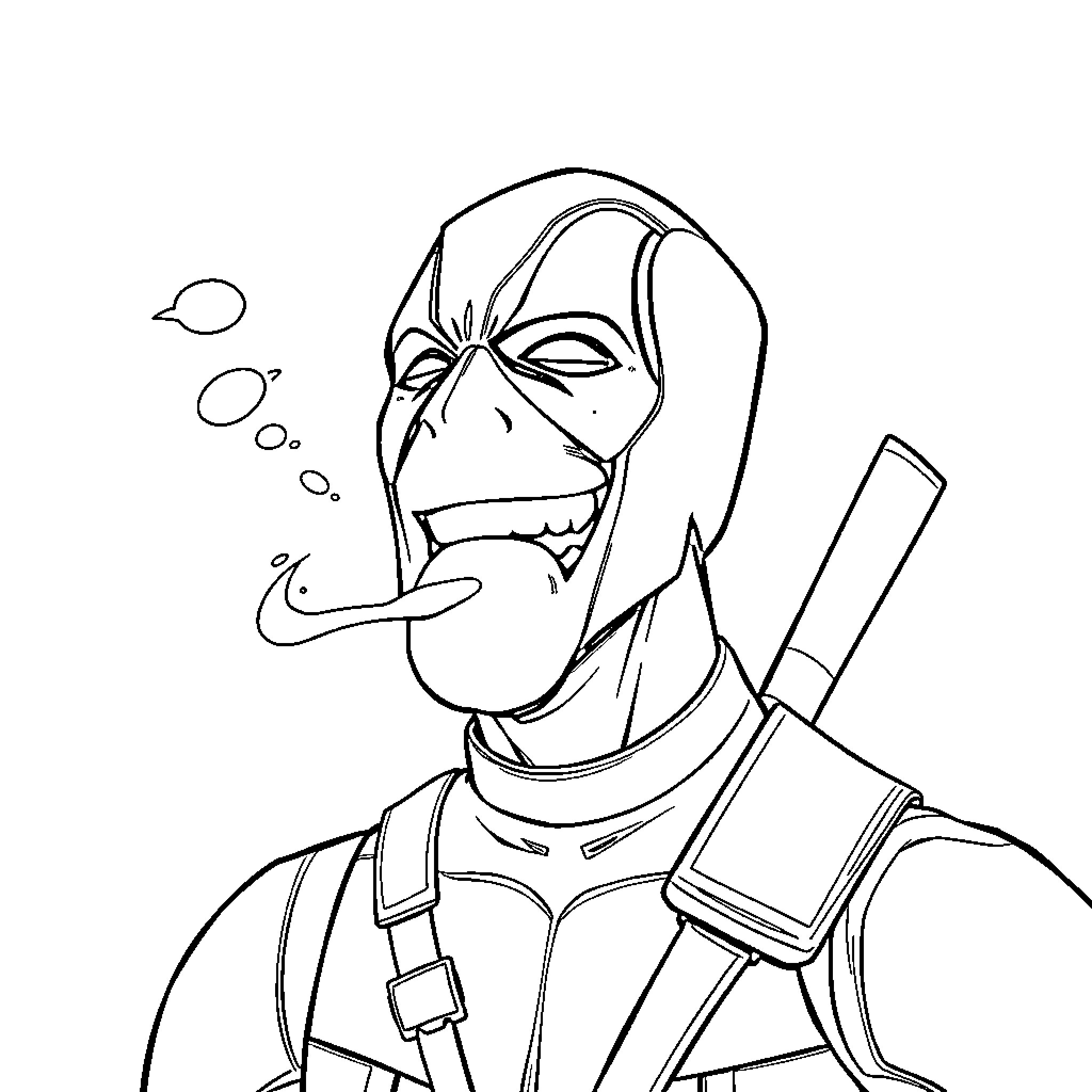 Deadpool making a funny face Coloring Page (free black-and-white line drawing printable PDF for all, from beginners to advanced learners, including children, teens, adults, and seniors)