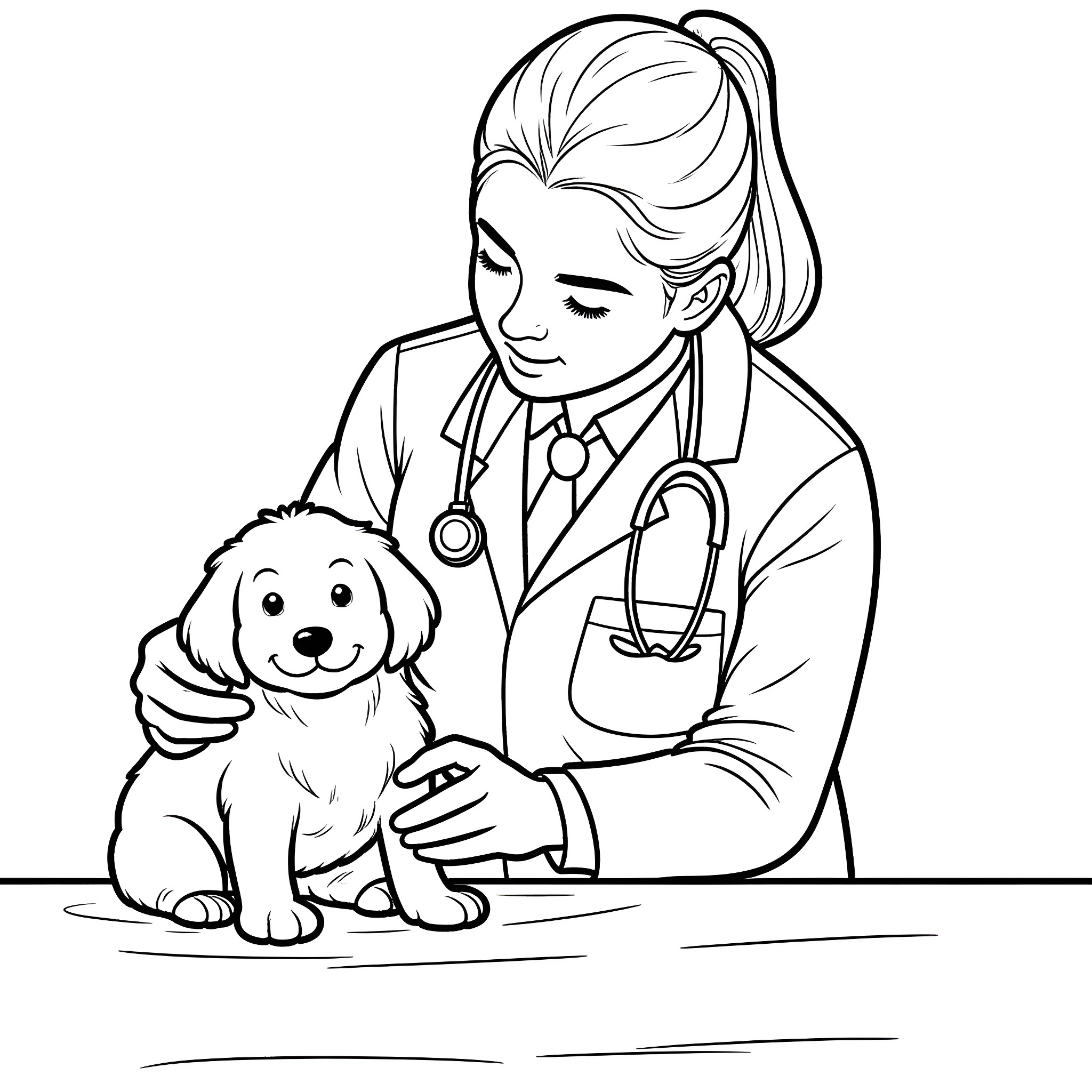 Veterinarian Examining Friendly Puppy Coloring Page (free black-and-white line drawing printable PDF for all, from beginners to advanced learners, including children, teens, adults, and seniors)