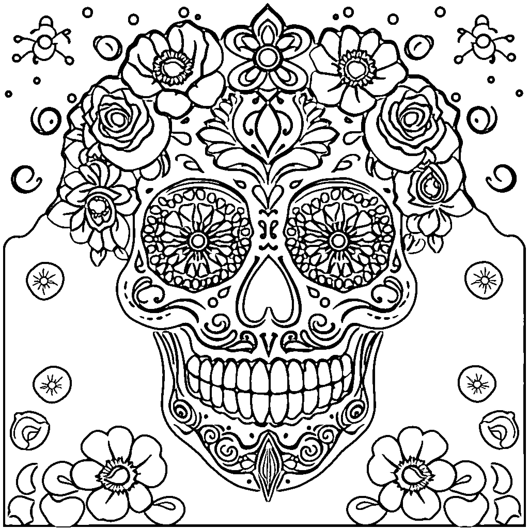 Sugar Skull with Intricate Floral Patterns Coloring Page (free black-and-white line drawing printable PDF for all, from beginners to advanced learners, including children, teens, adults, and seniors)