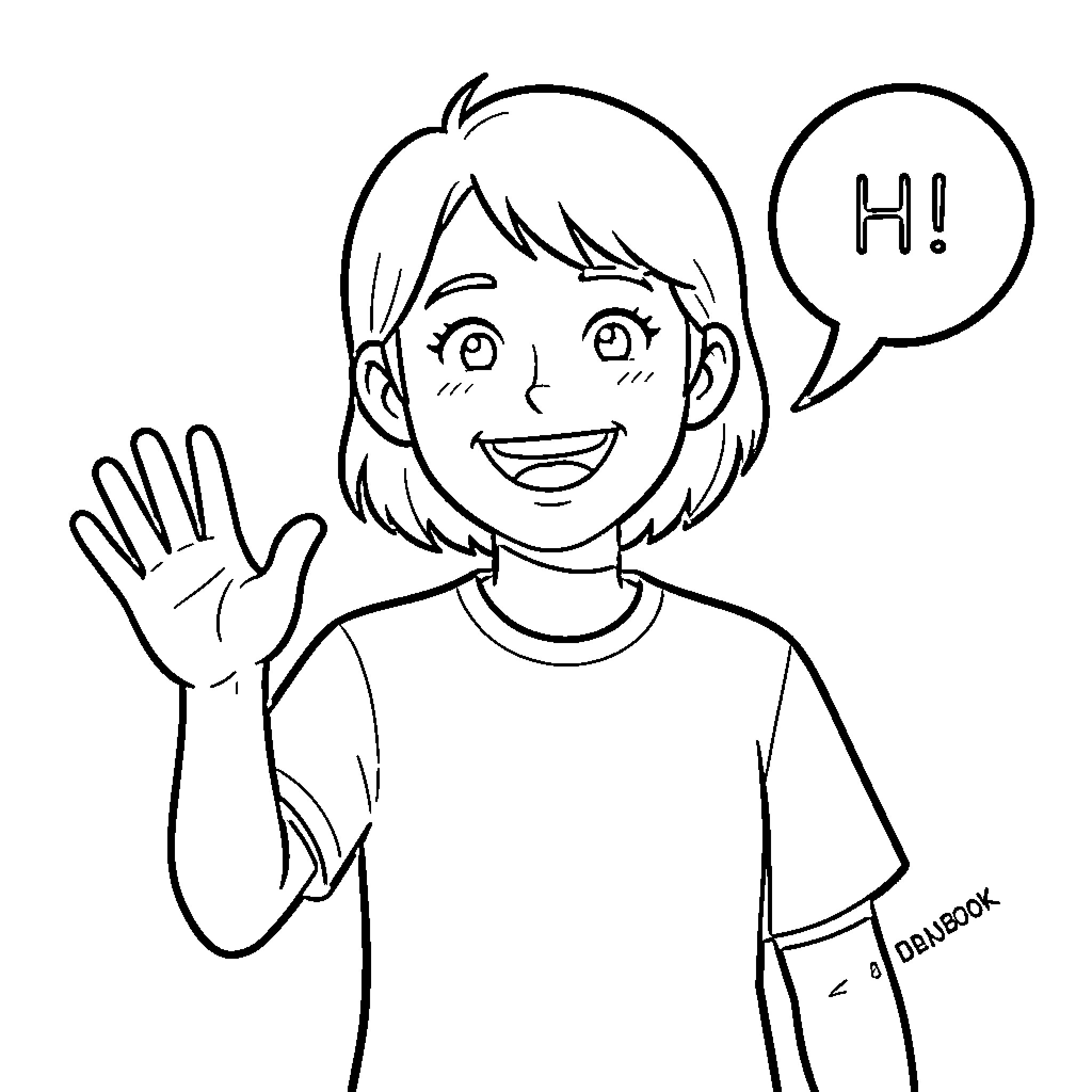 Hi, Friendly person waves and says hello Coloring Page (free black-and-white line drawing printable PDF for all, from beginners to advanced learners, including children, teens, adults, and seniors)