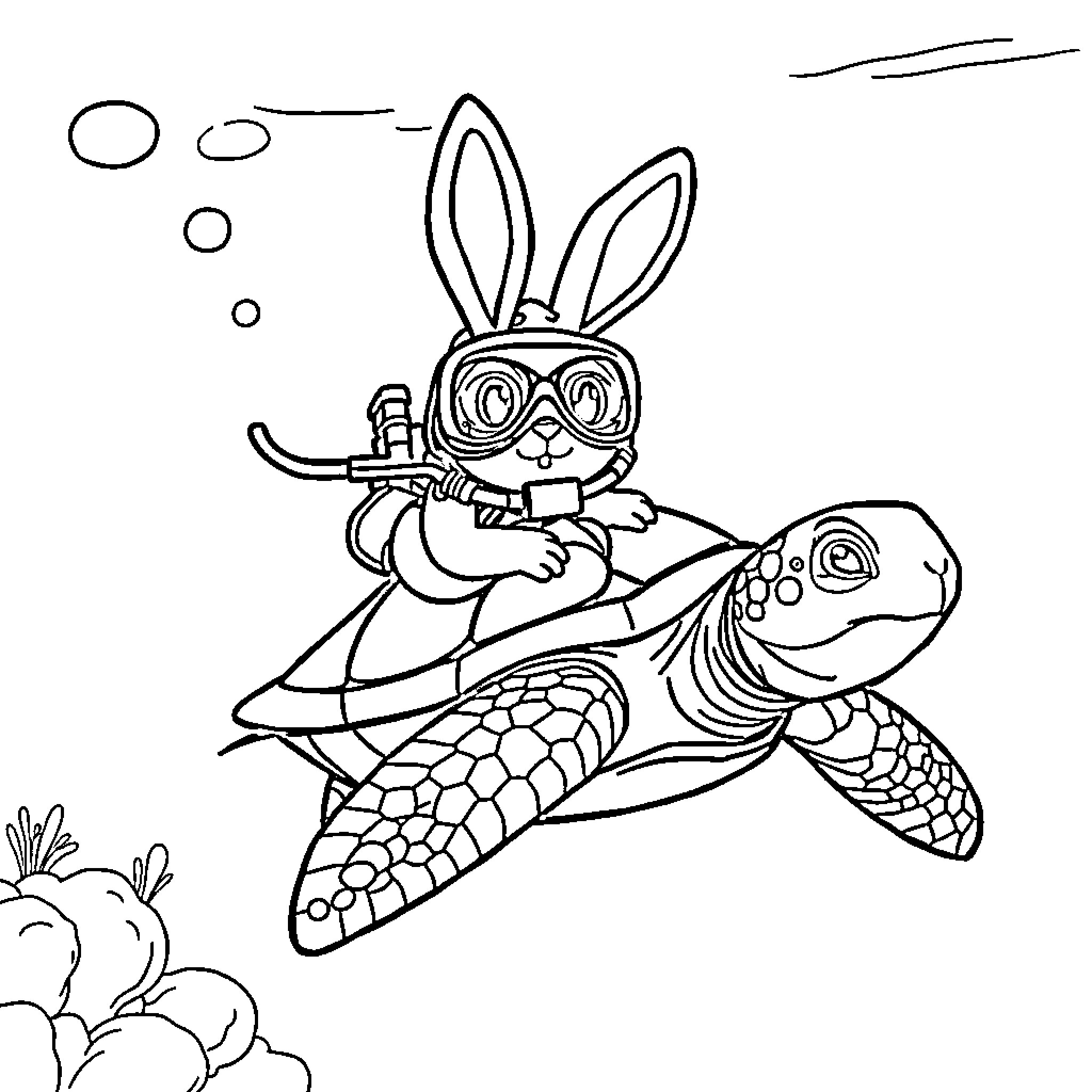 Bunny riding a turtle in the ocean Coloring Page (free black-and-white line drawing printable PDF for all, from beginners to advanced learners, including children, teens, adults, and seniors)