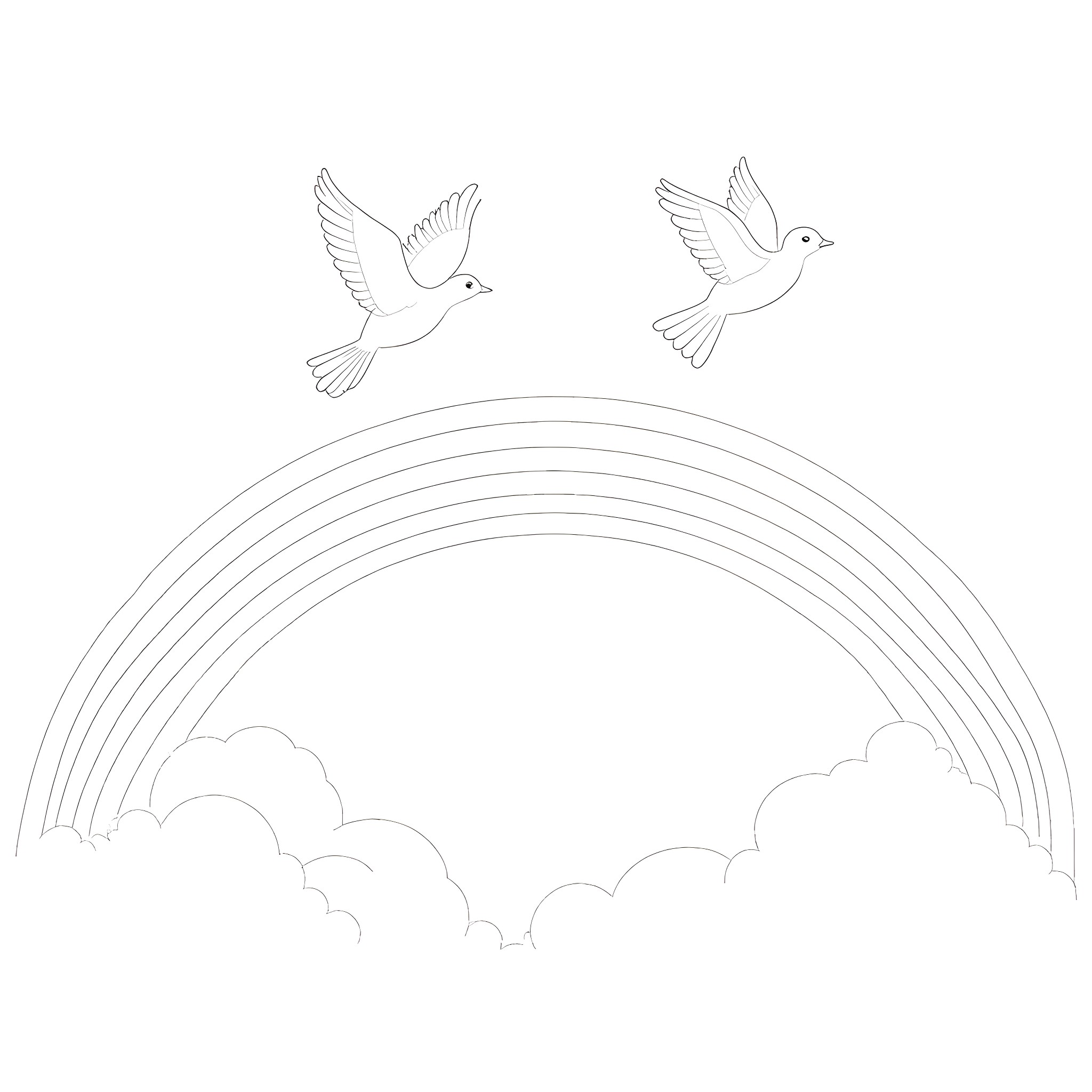 Birds soaring over a rainbow in the sky Coloring Page (free black-and-white line drawing printable PDF for all, from beginners to advanced learners, including children, teens, adults, and seniors)