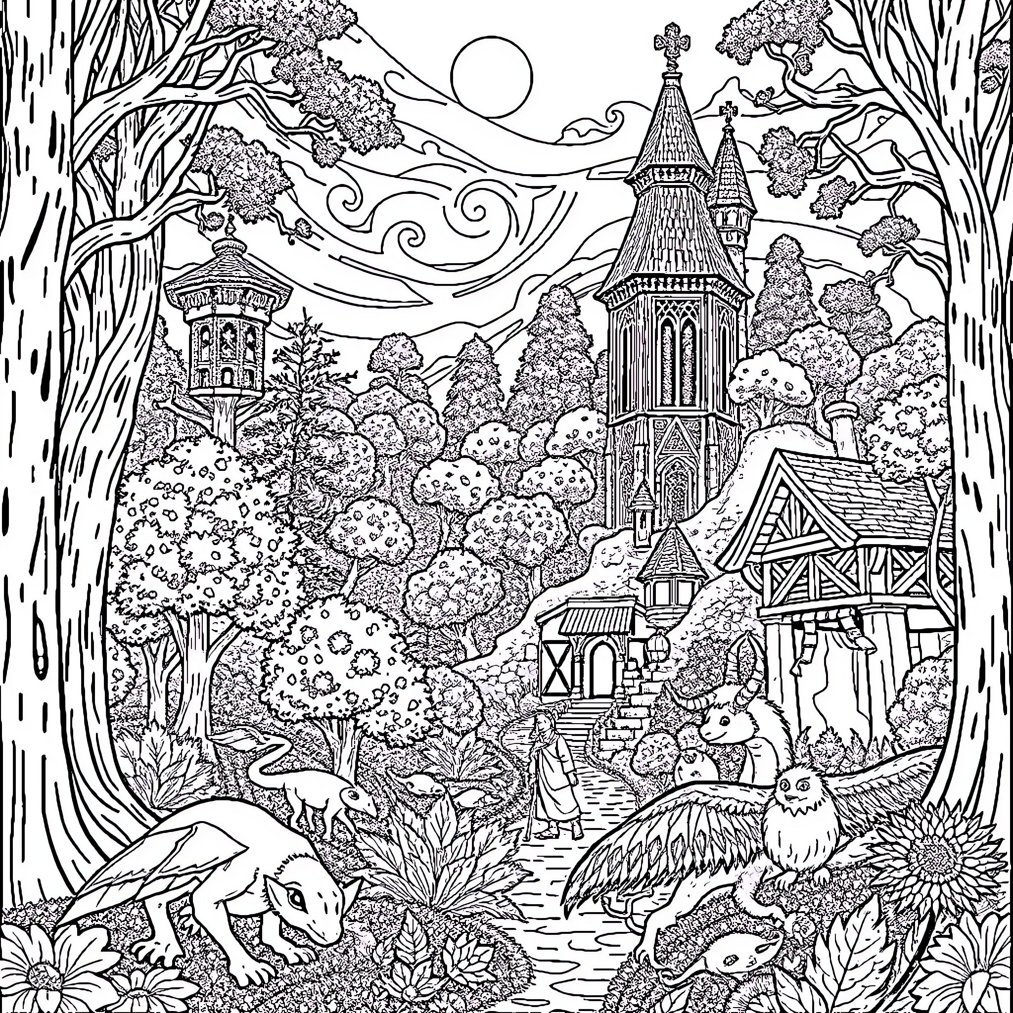 Secret of Kells: Whimsical forest landscape with medieval architecture Coloring Page (free black-and-white line drawing printable PDF for all, from beginners to advanced learners, including children, teens, adults, and seniors)