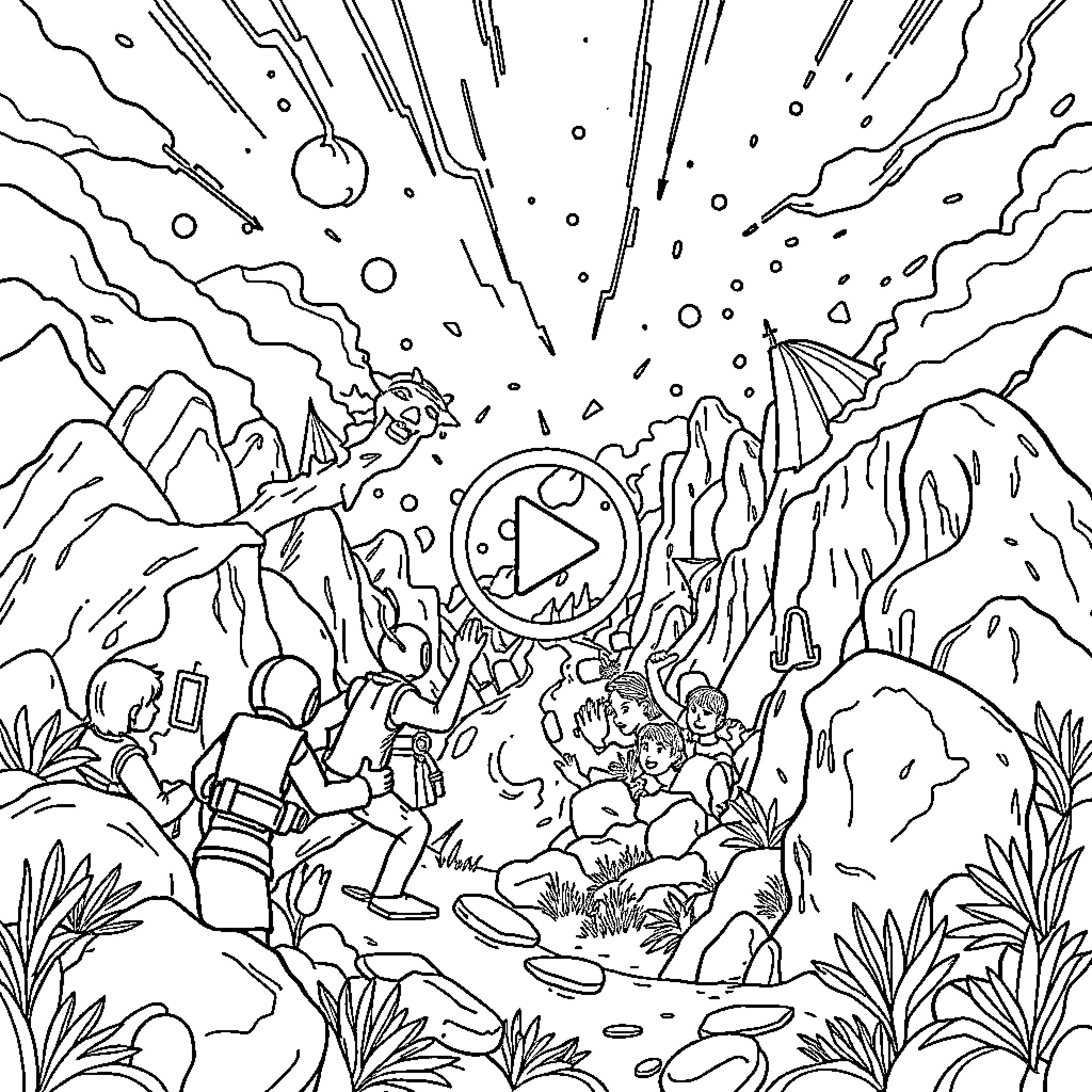 Video of Explorers Discovering Alien Landscape Coloring Page (free black-and-white line drawing printable PDF for all, from beginners to advanced learners, including children, teens, adults, and seniors)