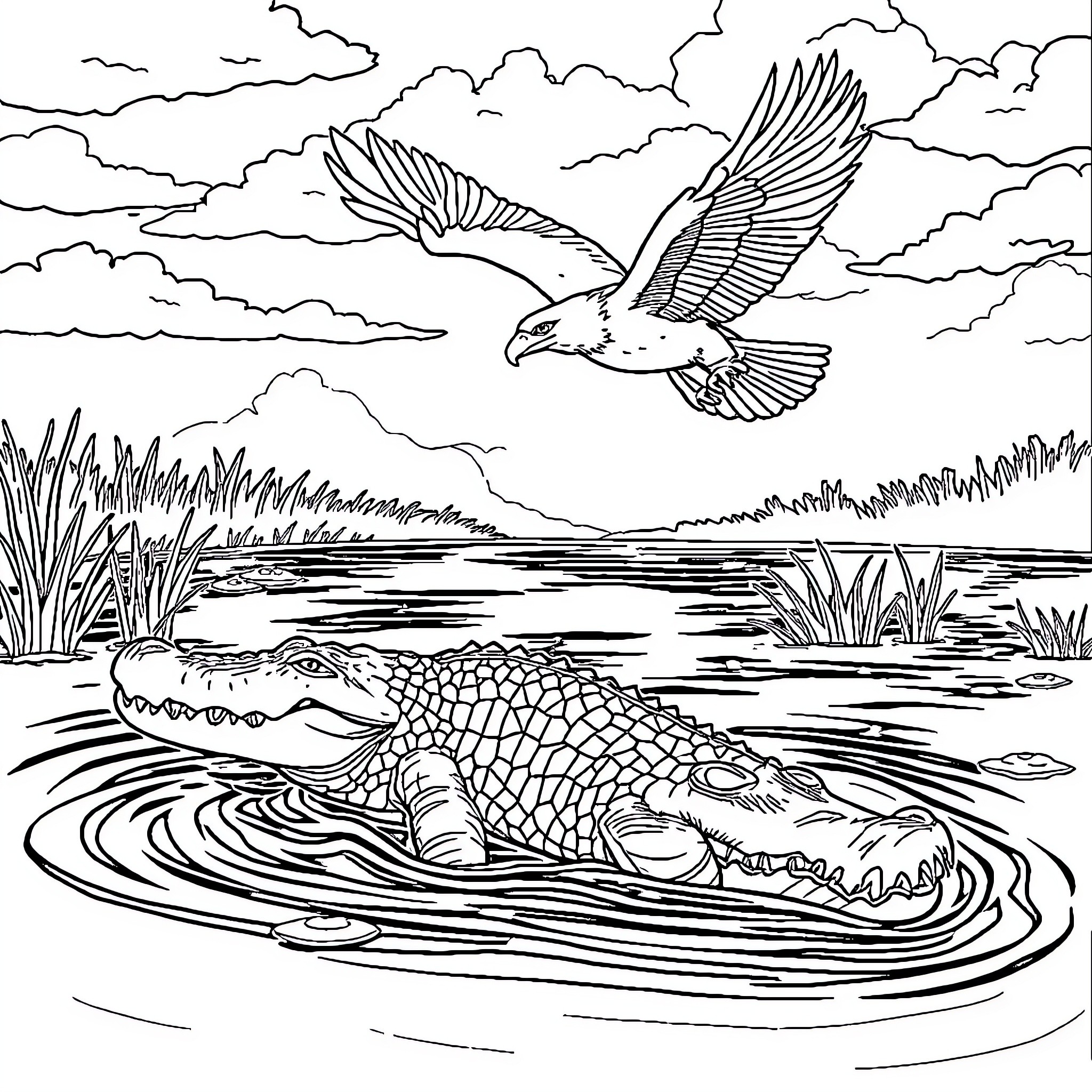 Eagle soaring majestically over a lake with crocodile Coloring Page (free black-and-white line drawing printable PDF for all, from beginners to advanced learners, including children, teens, adults, and seniors)