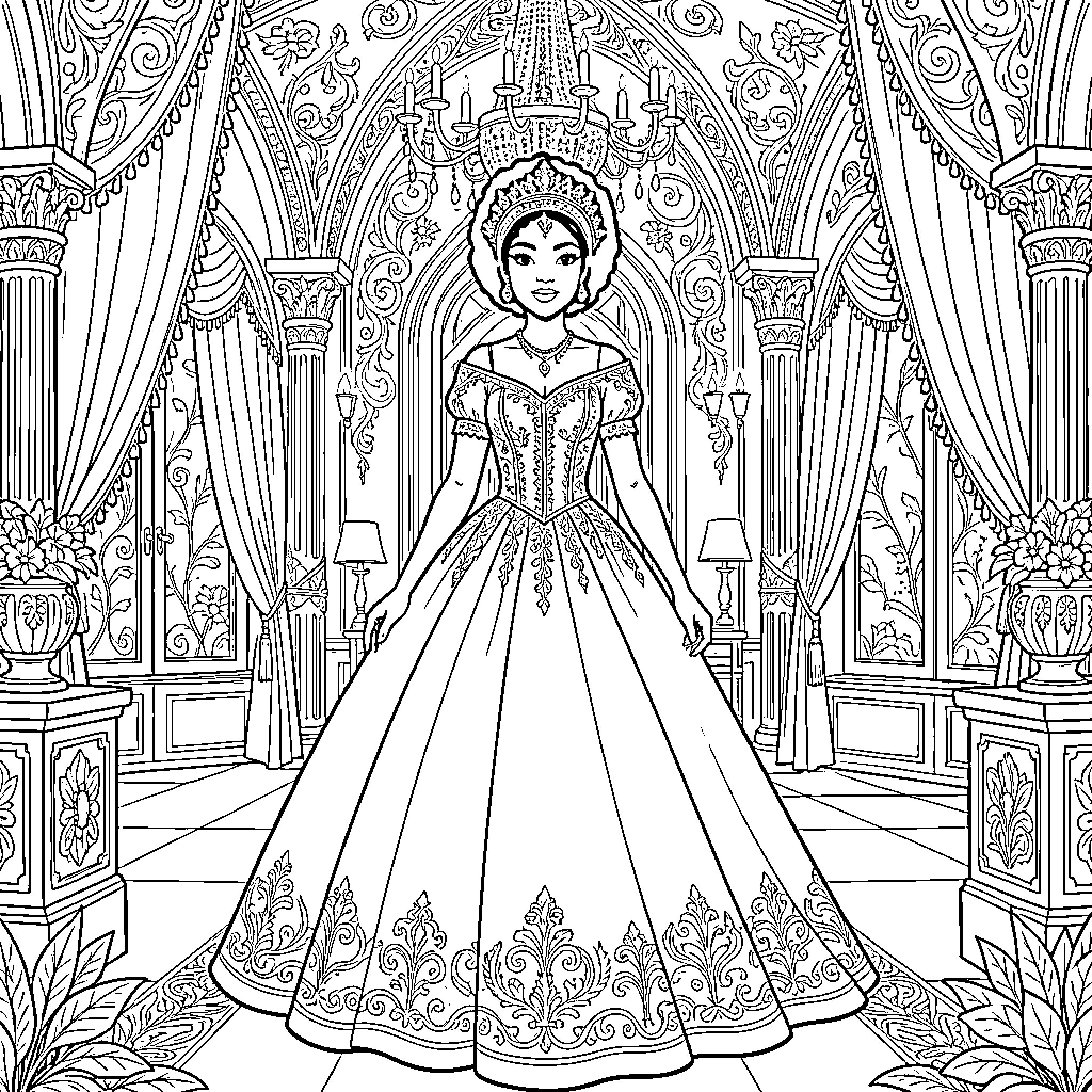 African Princess wearing a royal gown in a palace Coloring Page (free black-and-white line drawing printable PDF for all, from beginners to advanced learners, including children, teens, adults, and seniors)