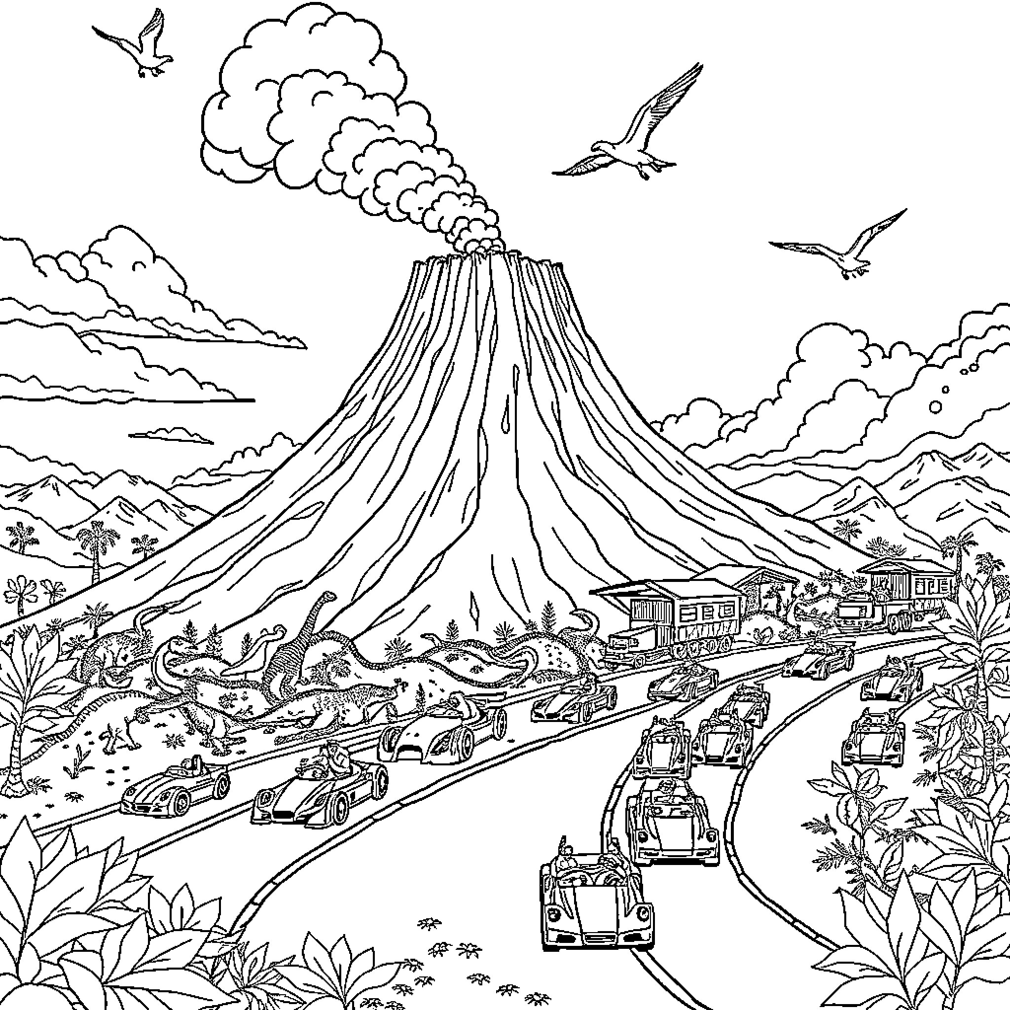 Volcano erupting with people and wildlife in the landscape Coloring Page (free black-and-white line drawing printable PDF for all, from beginners to advanced learners, including children, teens, adults, and seniors)