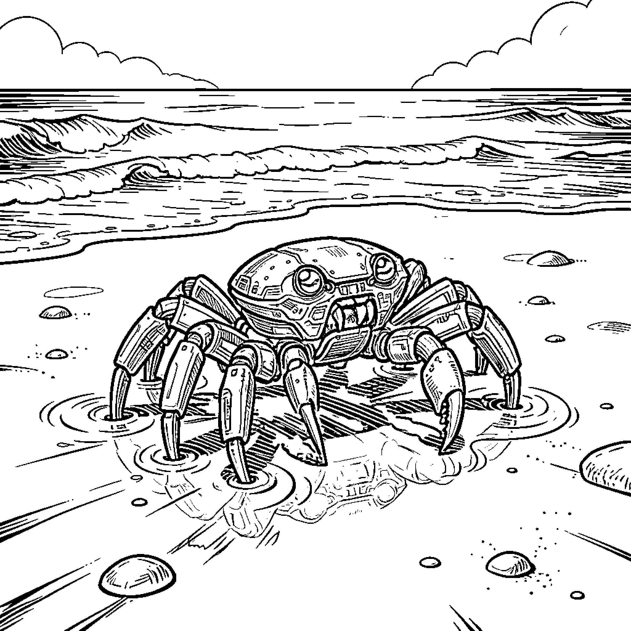 Crab exploring the seashore with mechanical limbs Coloring Page (free black-and-white line drawing printable PDF for all, from beginners to advanced learners, including children, teens, adults, and seniors)