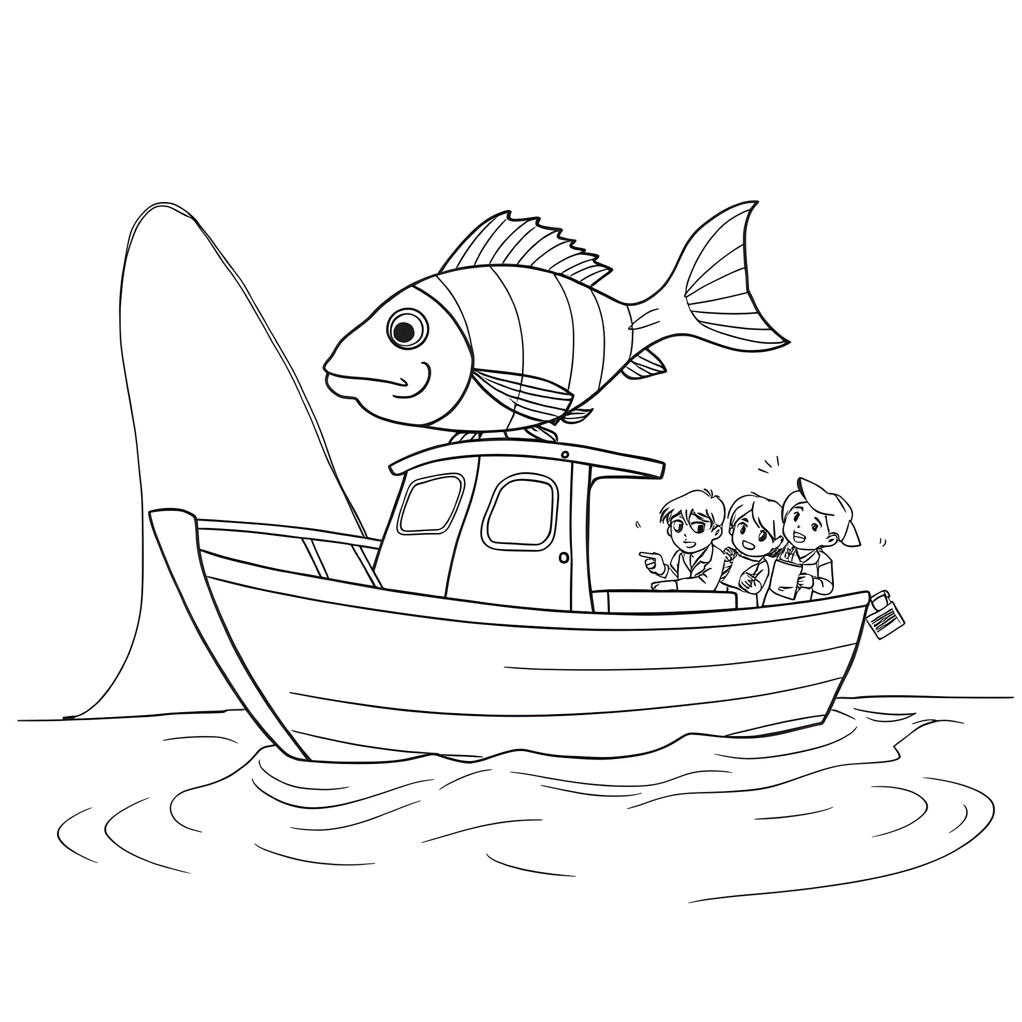 Fish on a boat with children Coloring Page (free black-and-white line drawing printable PDF for all, from beginners to advanced learners, including children, teens, adults, and seniors)