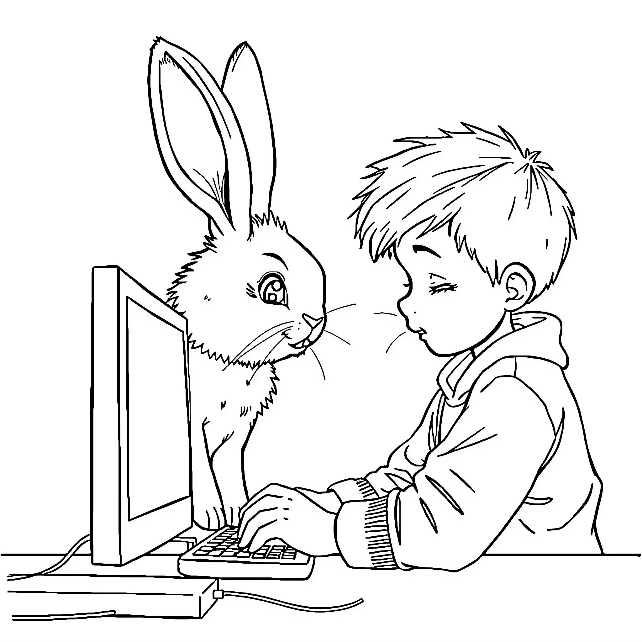 Bunny and boy playing on computer together Coloring Page (free black-and-white line drawing printable PDF for all, from beginners to advanced learners, including children, teens, adults, and seniors)