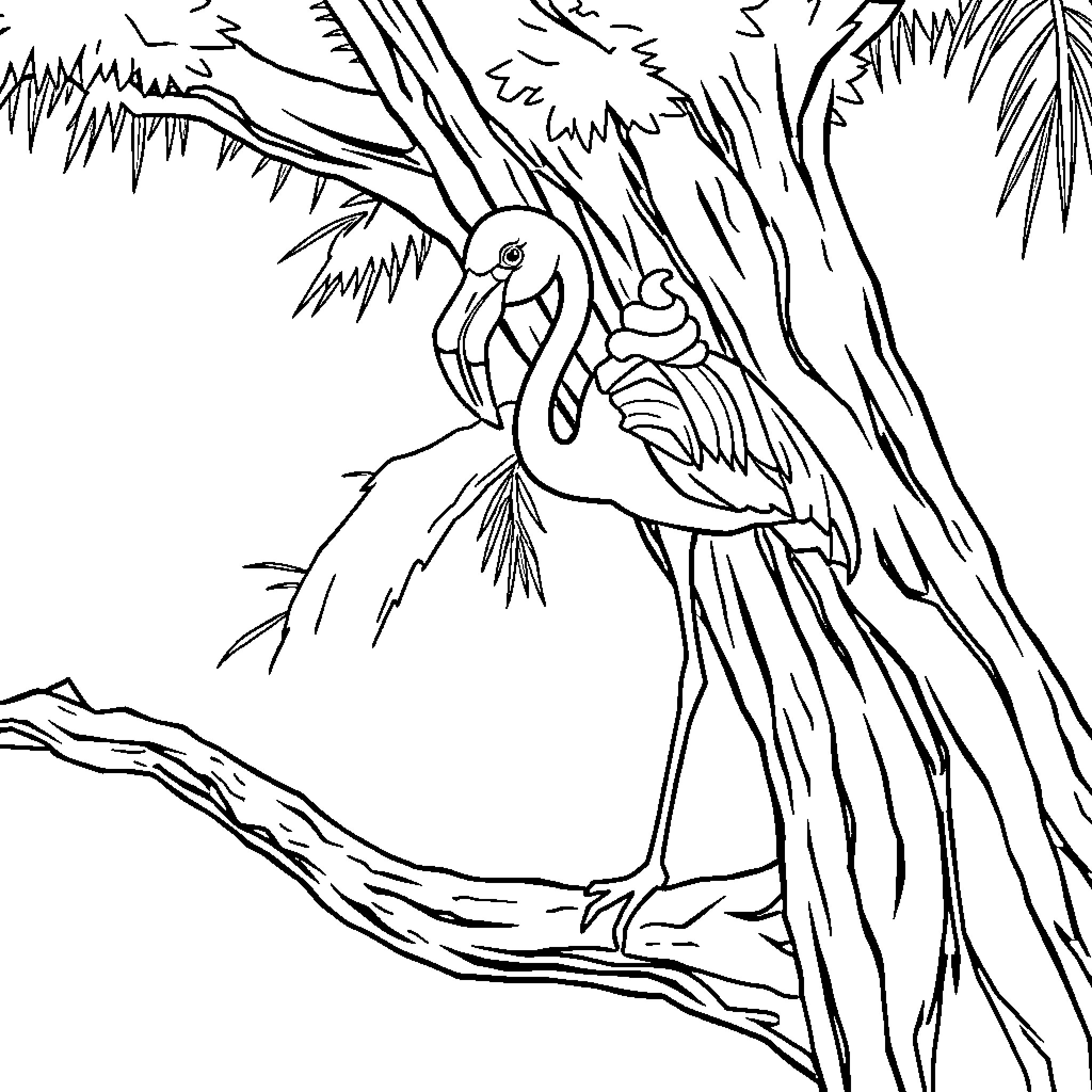 Flamingo perched in tropical foliage Coloring Page (free black-and-white line drawing printable PDF for all, from beginners to advanced learners, including children, teens, adults, and seniors)