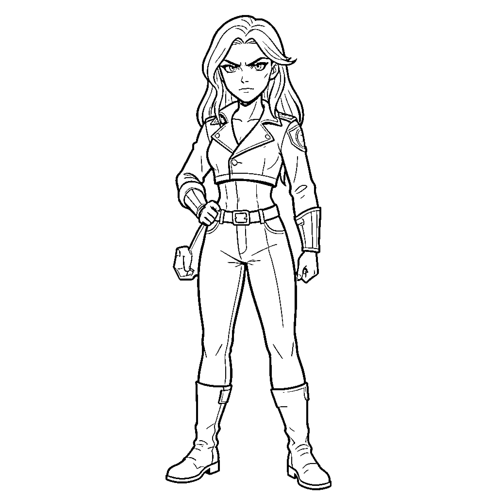 Emilie standing confidently in a heroic leather outfit Coloring Page (free black-and-white line drawing printable PDF for all, from beginners to advanced learners, including children, teens, adults, and seniors)