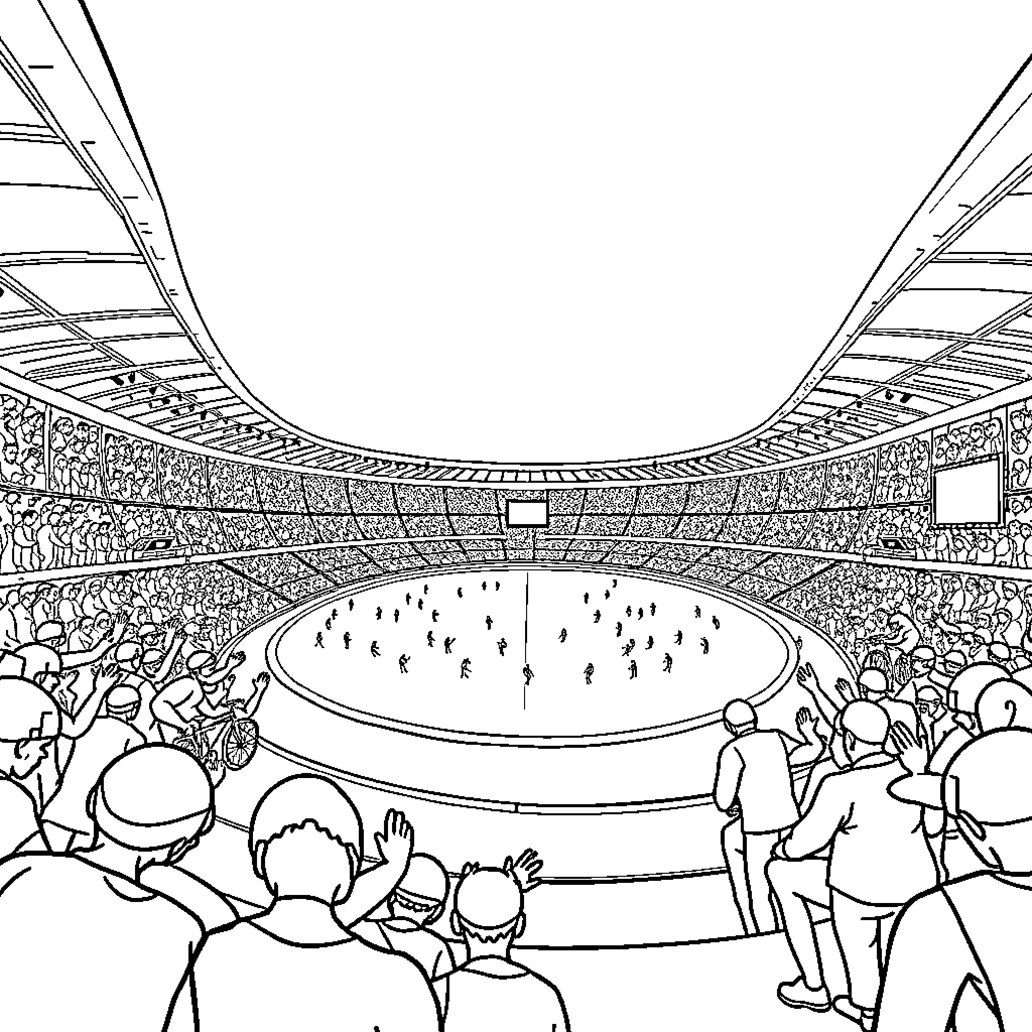 Vélodrome stadium filled with spectators and athletes Coloring Page (free black-and-white line drawing printable PDF for all, from beginners to advanced learners, including children, teens, adults, and seniors)