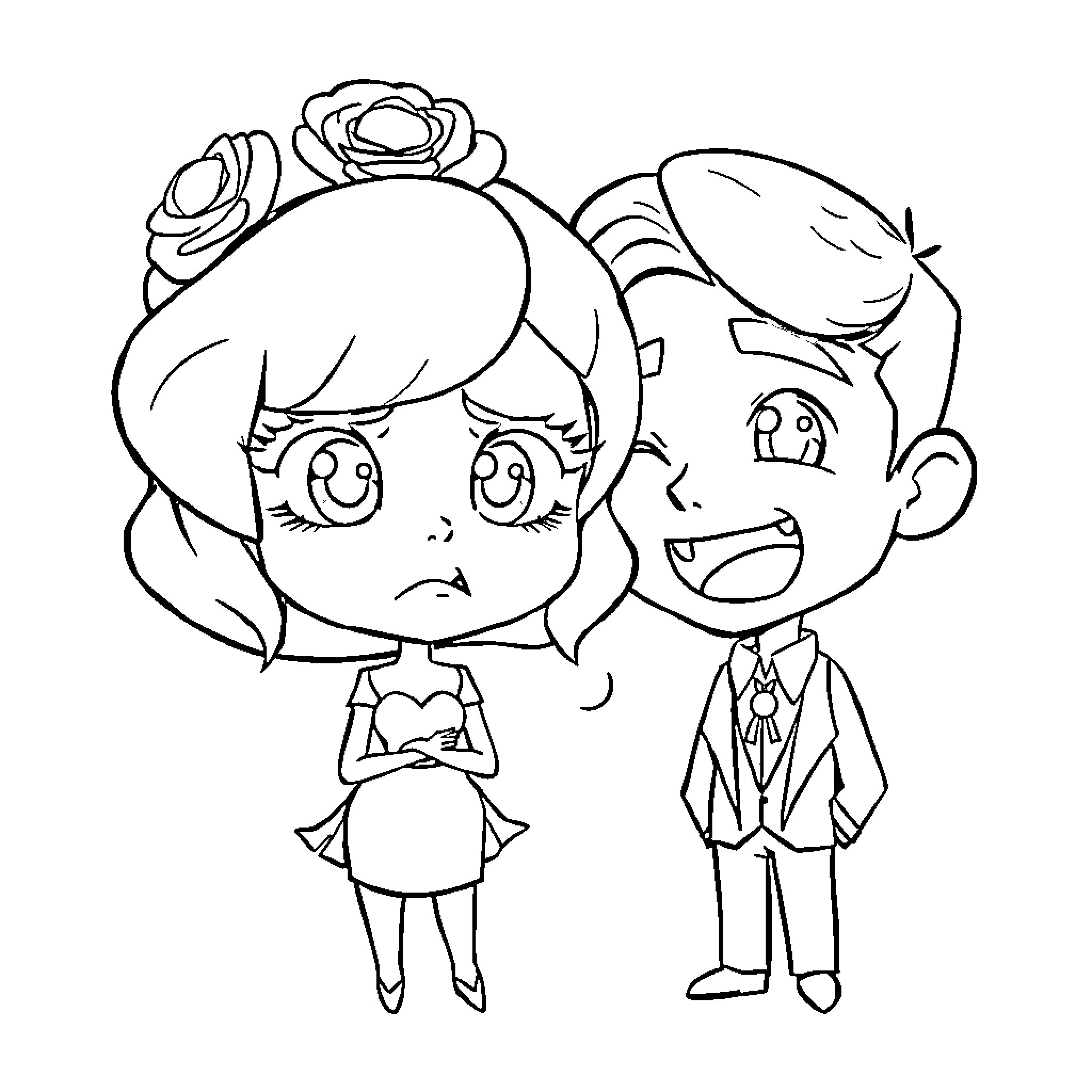 Rose and Dapper Gentleman's Encounter Coloring Page (free black-and-white line drawing printable PDF for all, from beginners to advanced learners, including children, teens, adults, and seniors)